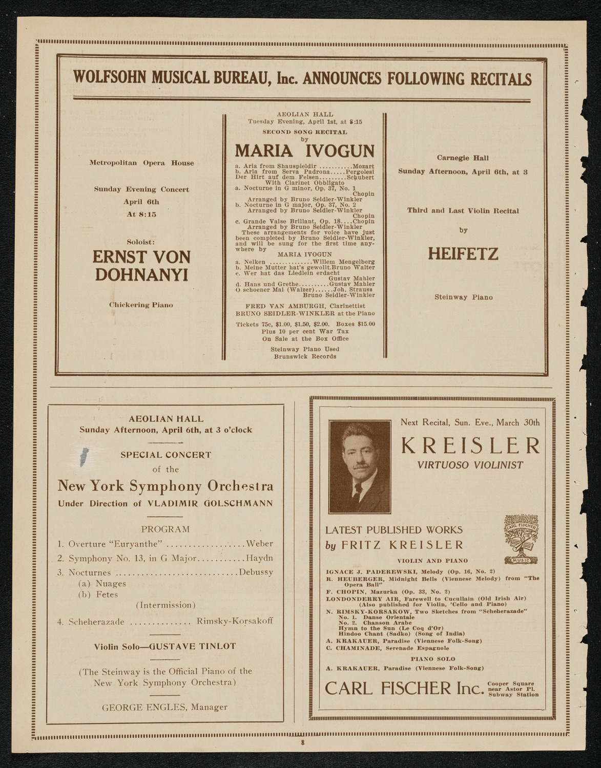 Sigrid Onégin, Contralto, March 30, 1924, program page 8
