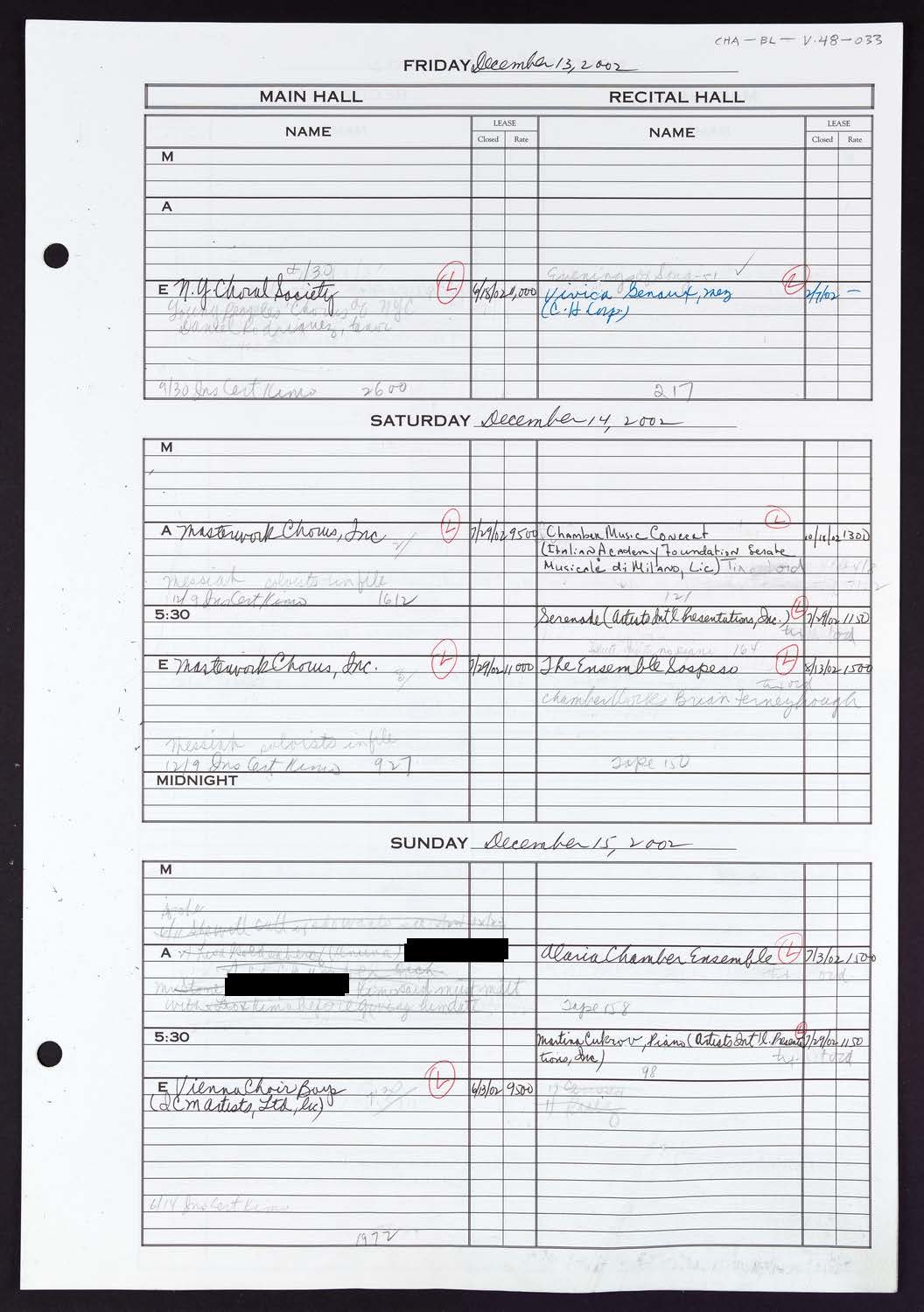 Carnegie Hall Booking Ledger, volume 48, page 33