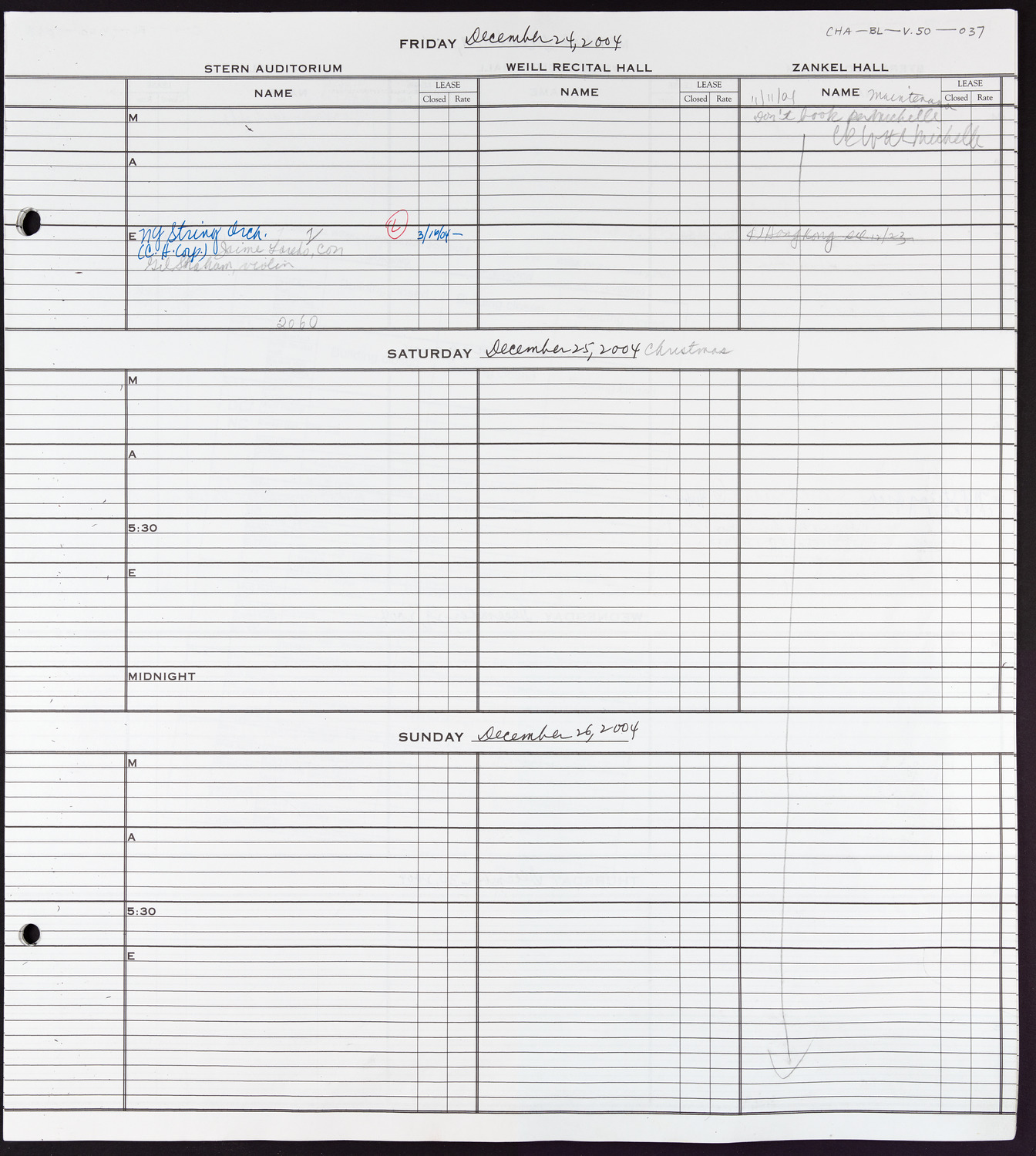 Carnegie Hall Booking Ledger, volume 50, page 37