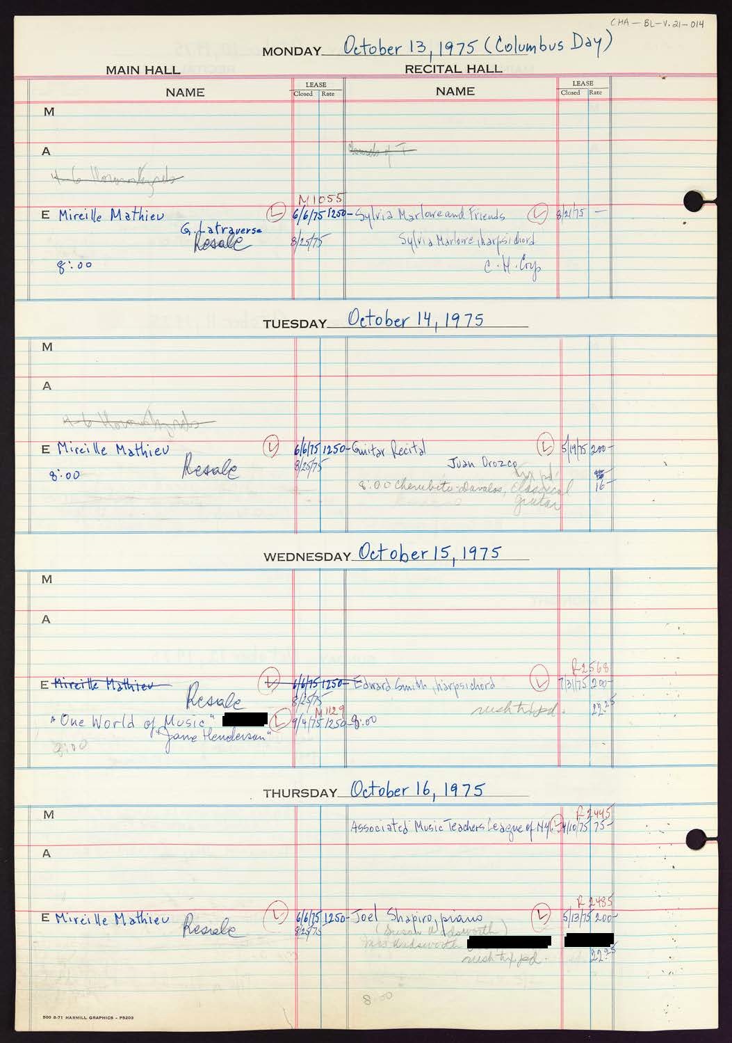 Carnegie Hall Booking Ledger, volume 21, page 14