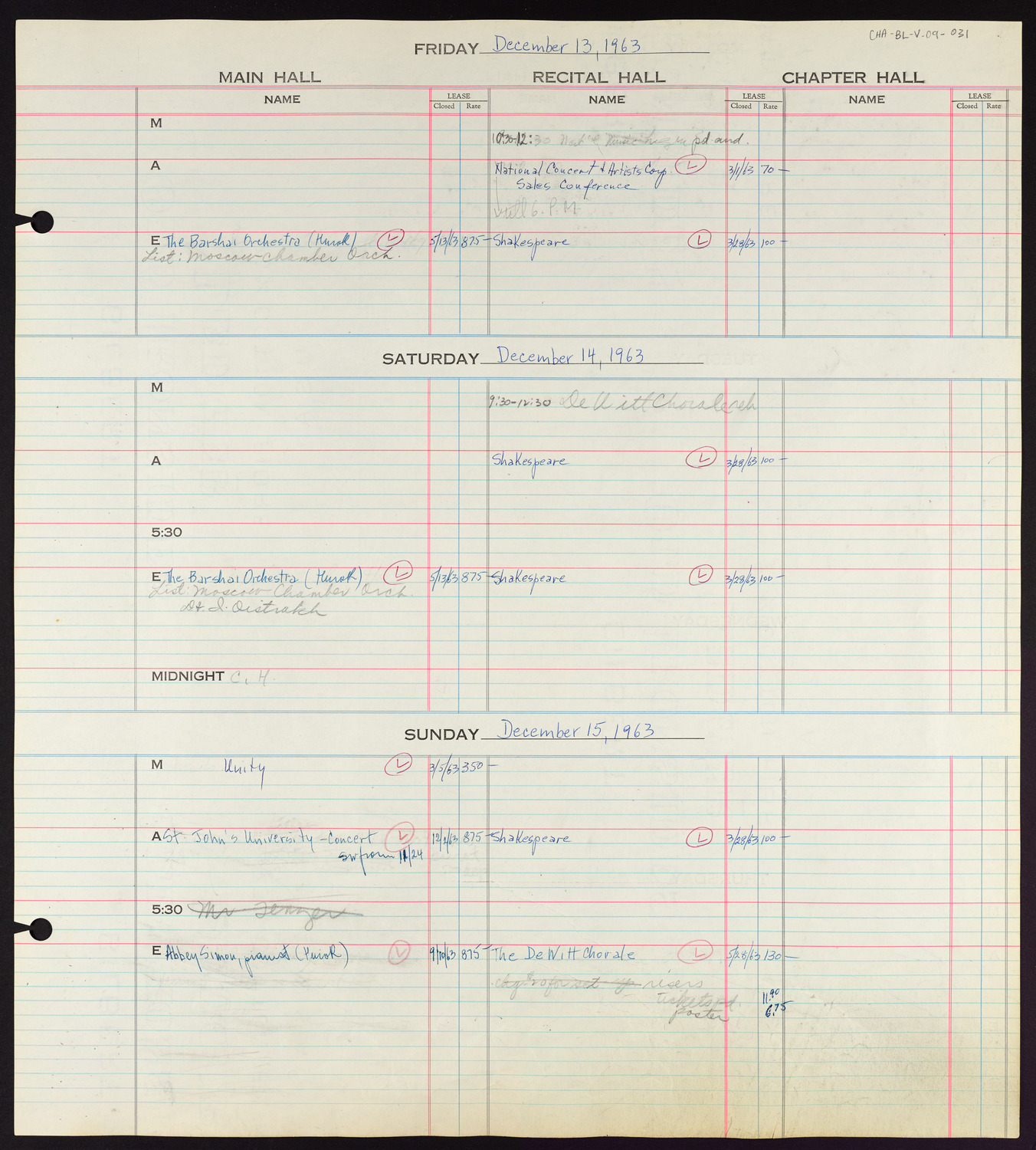 Carnegie Hall Booking Ledger, volume 9, page 31