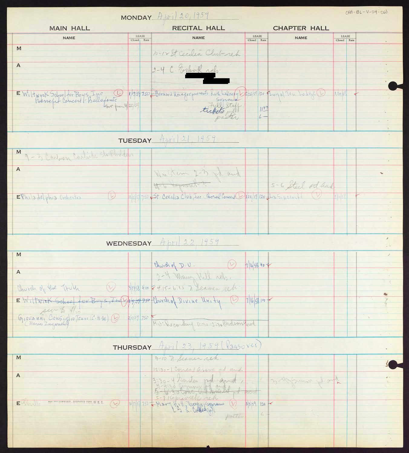 Carnegie Hall Booking Ledger, volume 4, page 60