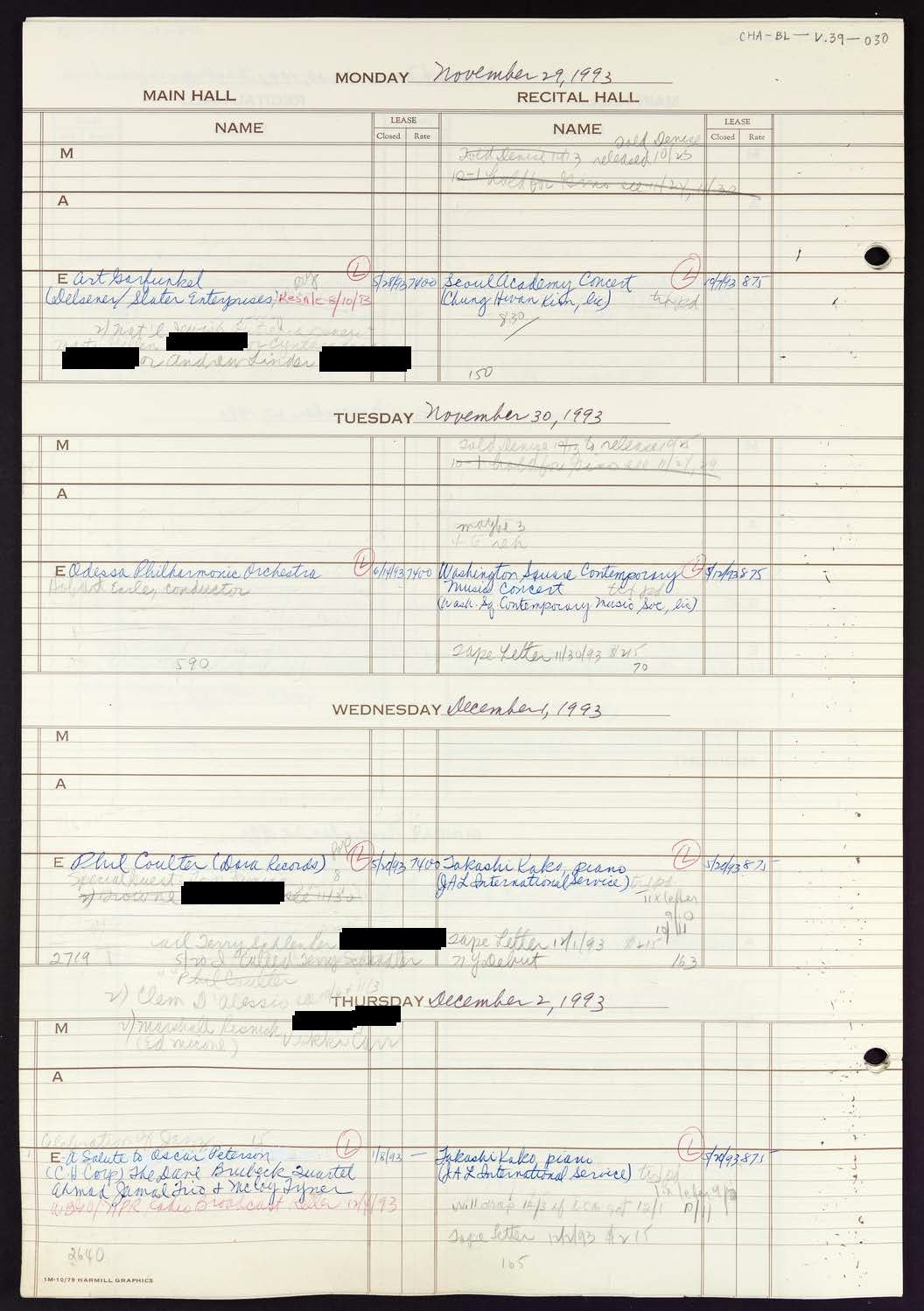 Carnegie Hall Booking Ledger, volume 39, page 30