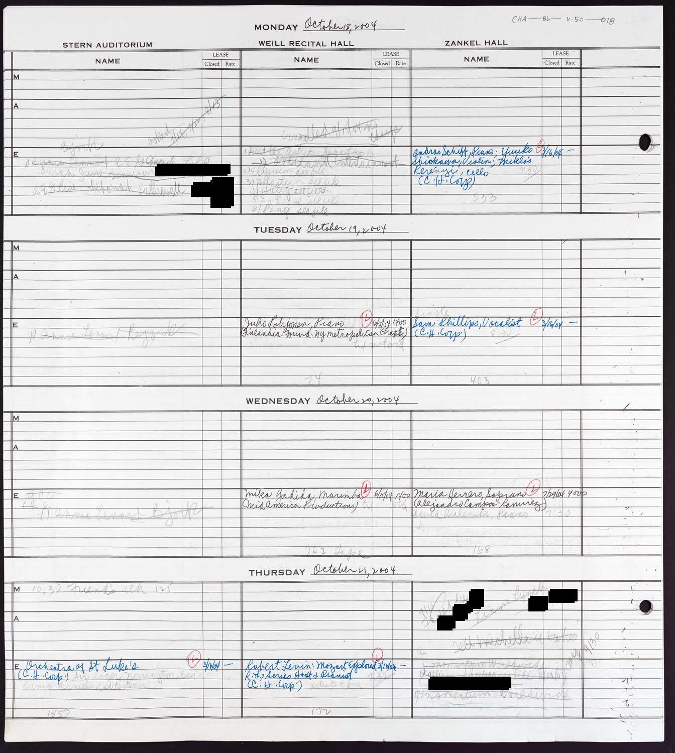 Carnegie Hall Booking Ledger, volume 50, page 18