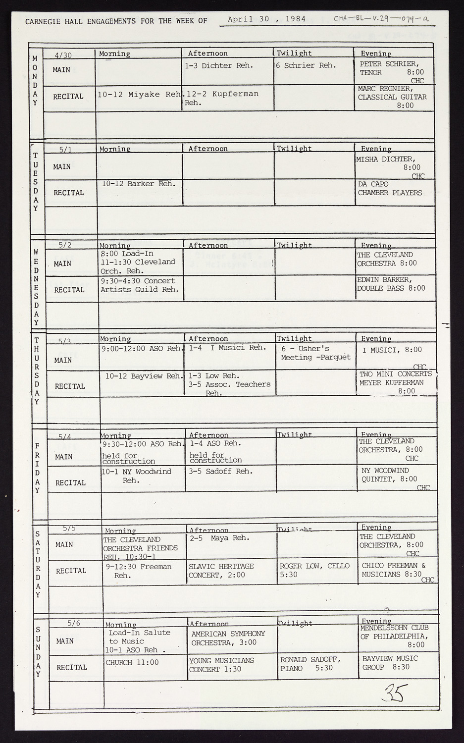 Carnegie Hall Booking Ledger, volume 29, page 74a