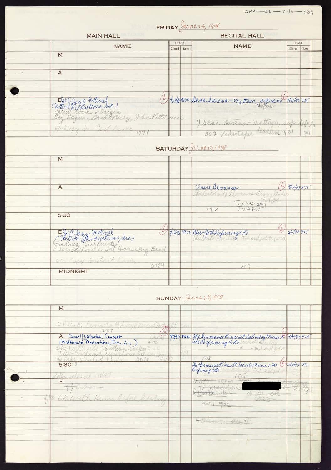 Carnegie Hall Booking Ledger, volume 43, page 89