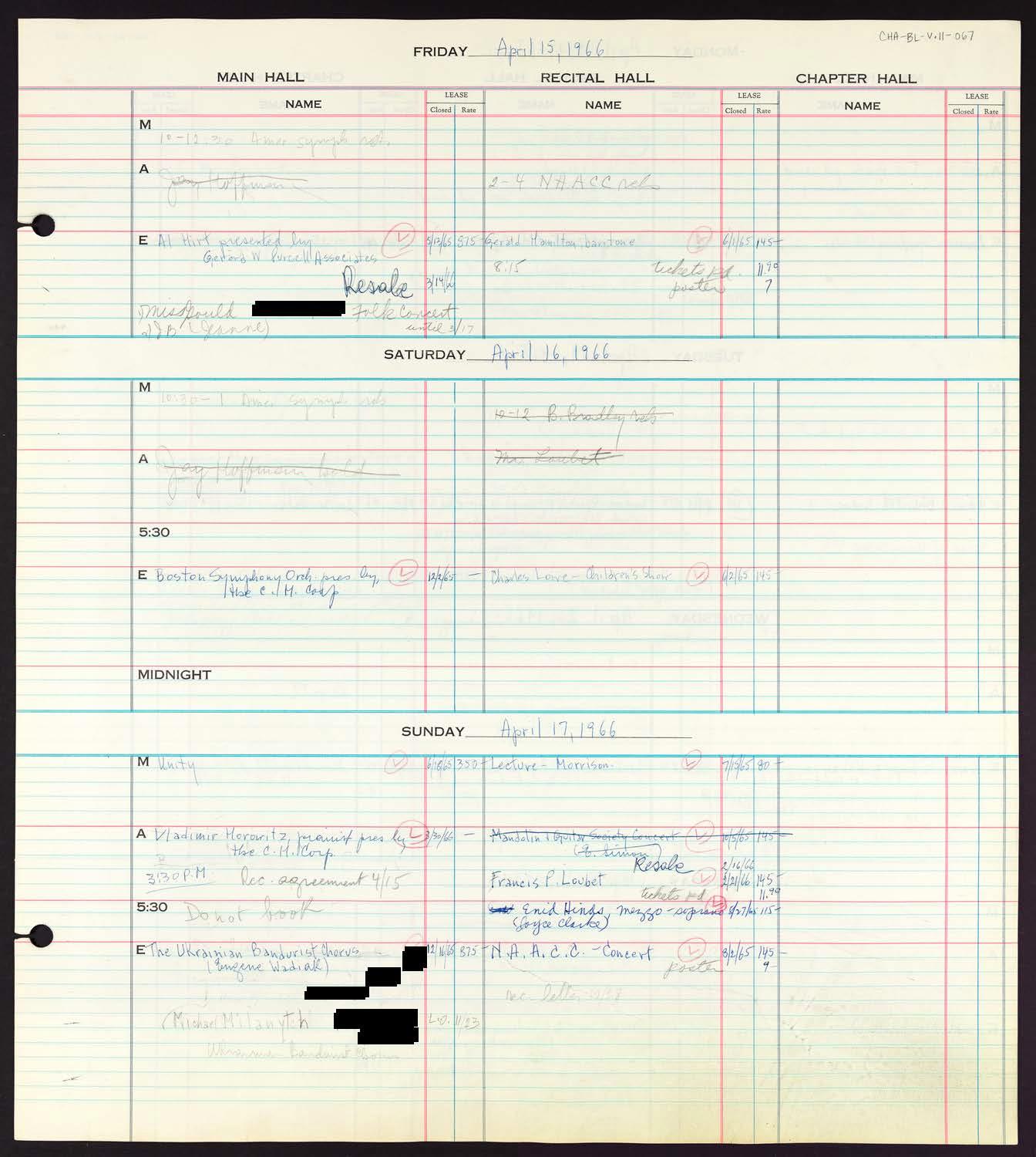 Carnegie Hall Booking Ledger, volume 11, page 67