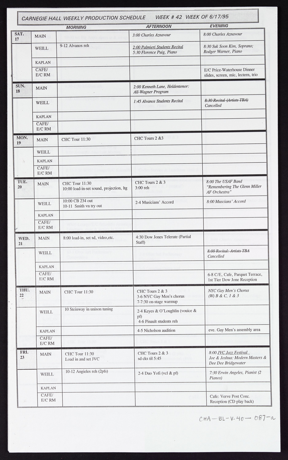 Carnegie Hall Booking Ledger, volume 40, page 87a