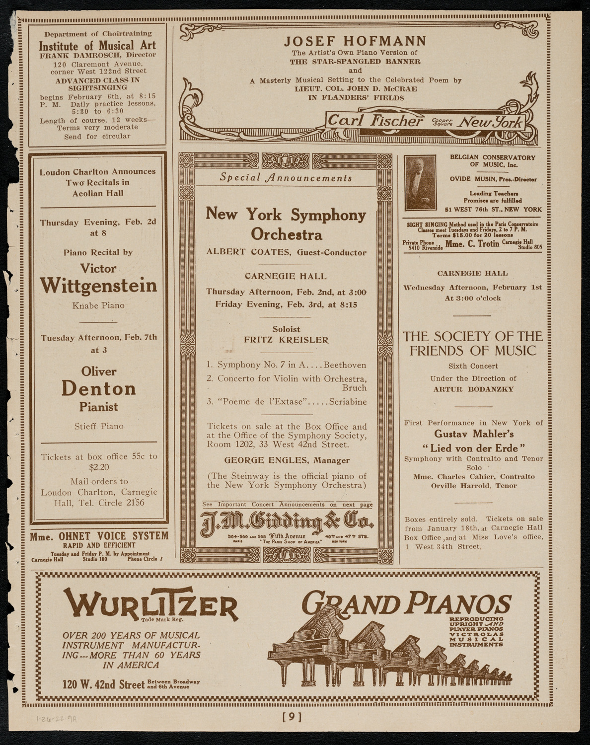 New York Symphony Orchestra, January 26, 1922, program page 9