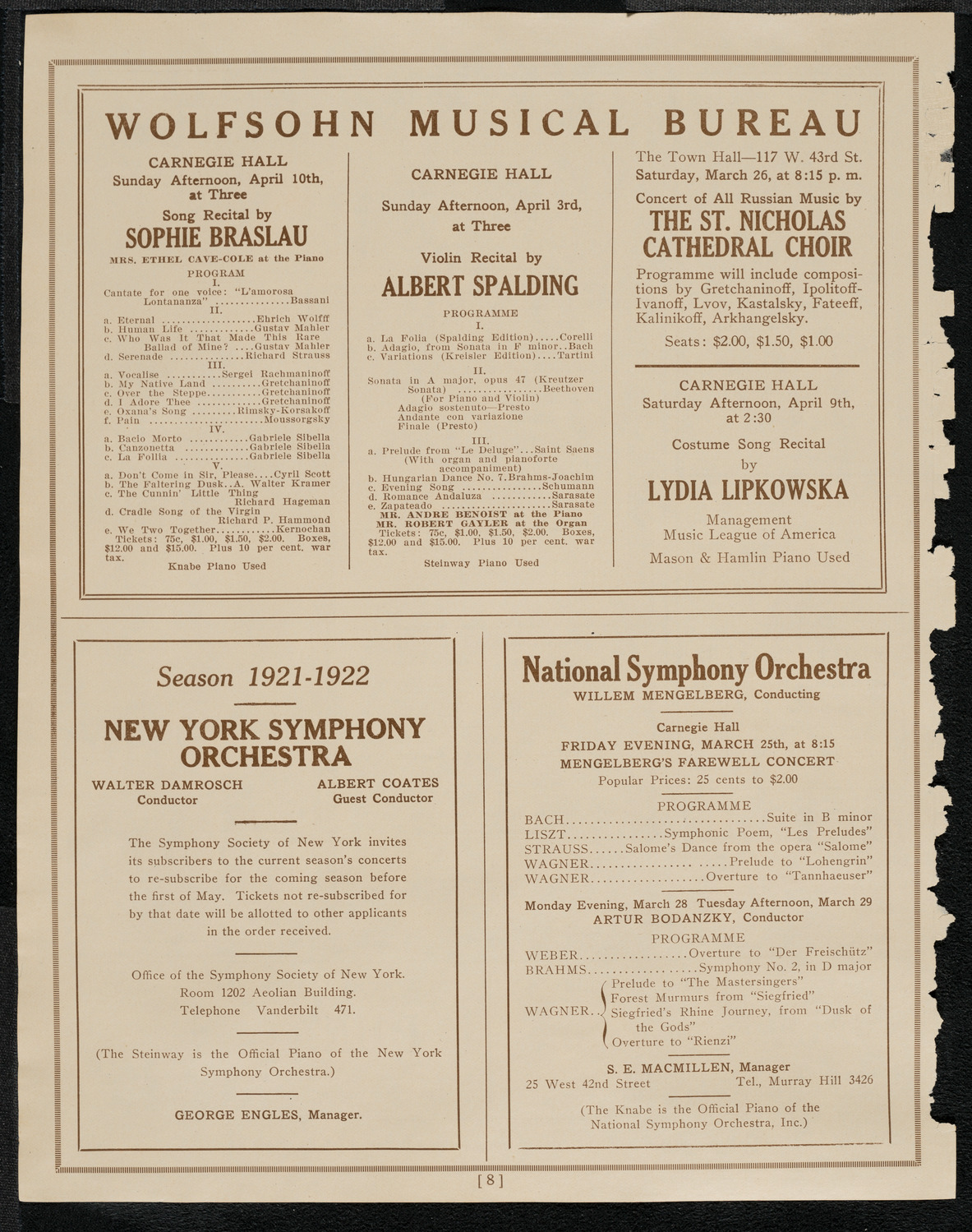 New York Philharmonic, March 25, 1921, program page 8