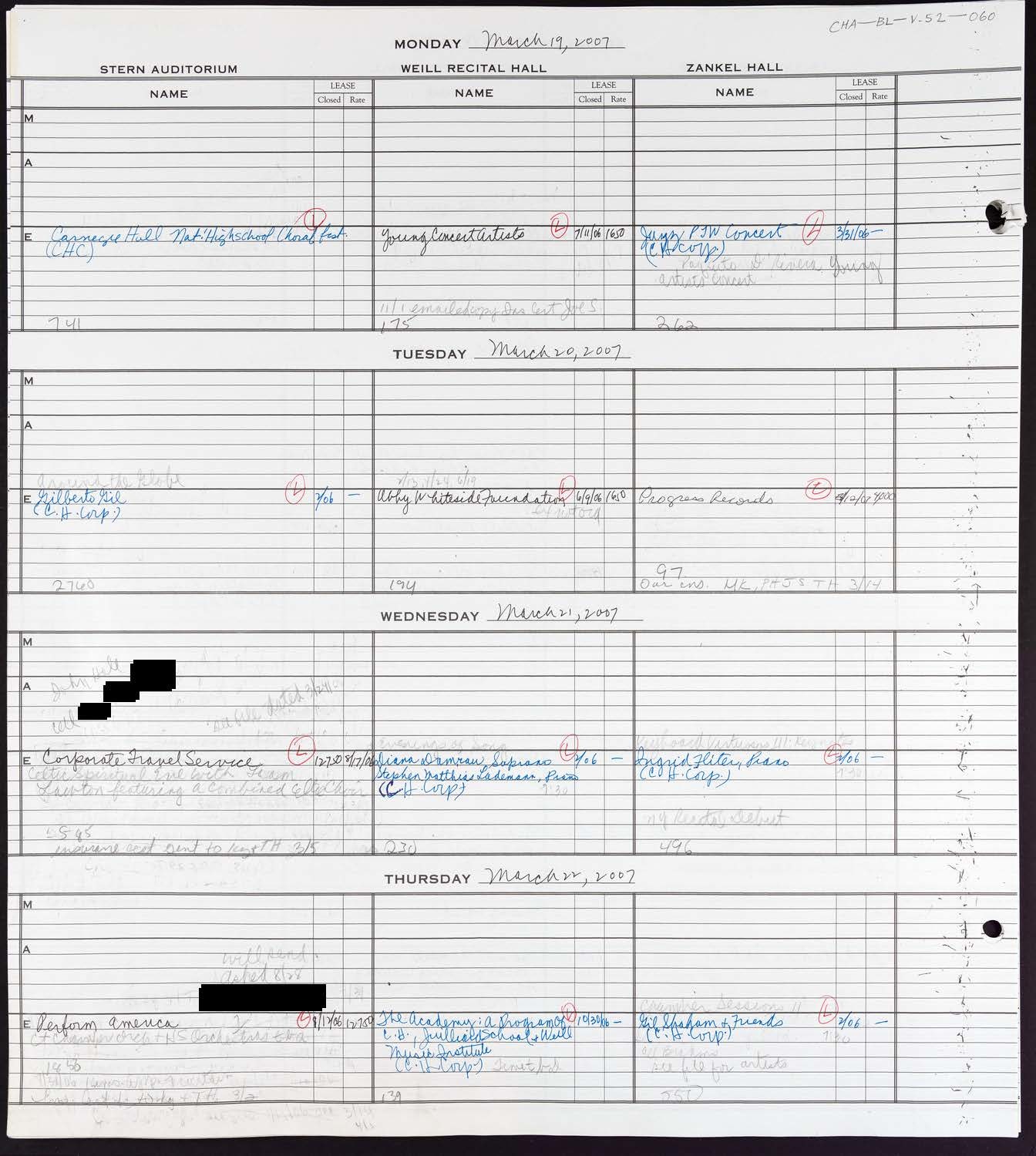 Carnegie Hall Booking Ledger, volume 52, page 60