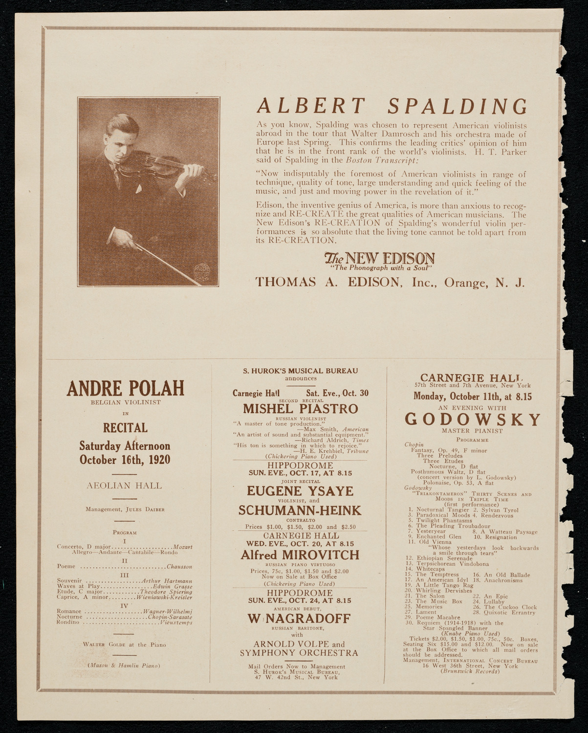 Leopold Godowsky, Piano, October 11, 1920, program page 2