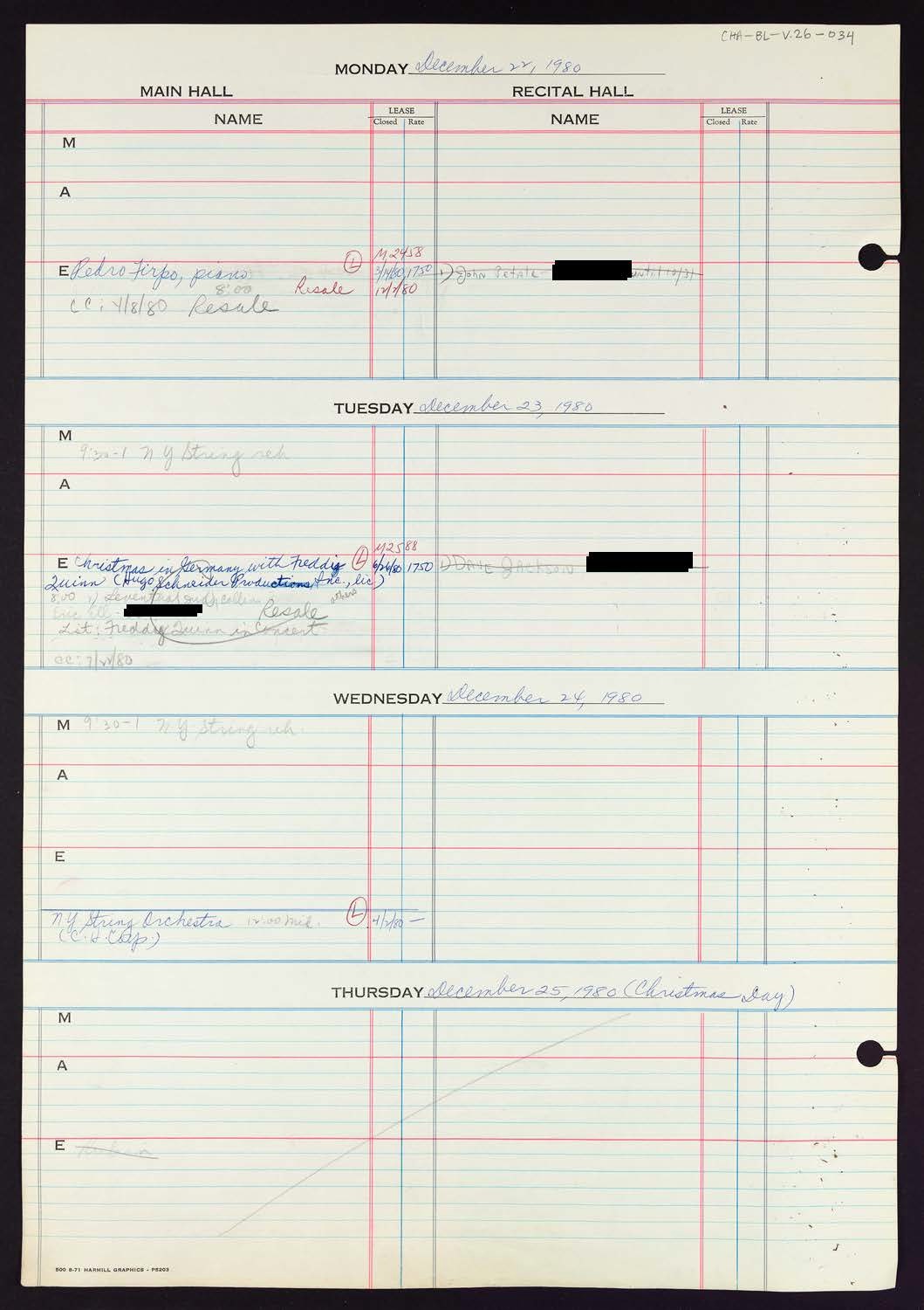 Carnegie Hall Booking Ledger, volume 26, page 34