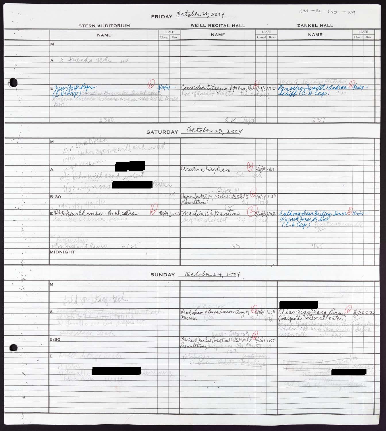 Carnegie Hall Booking Ledger, volume 50, page 19