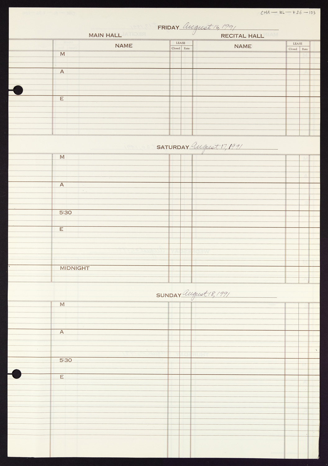Carnegie Hall Booking Ledger, volume 36, page 103