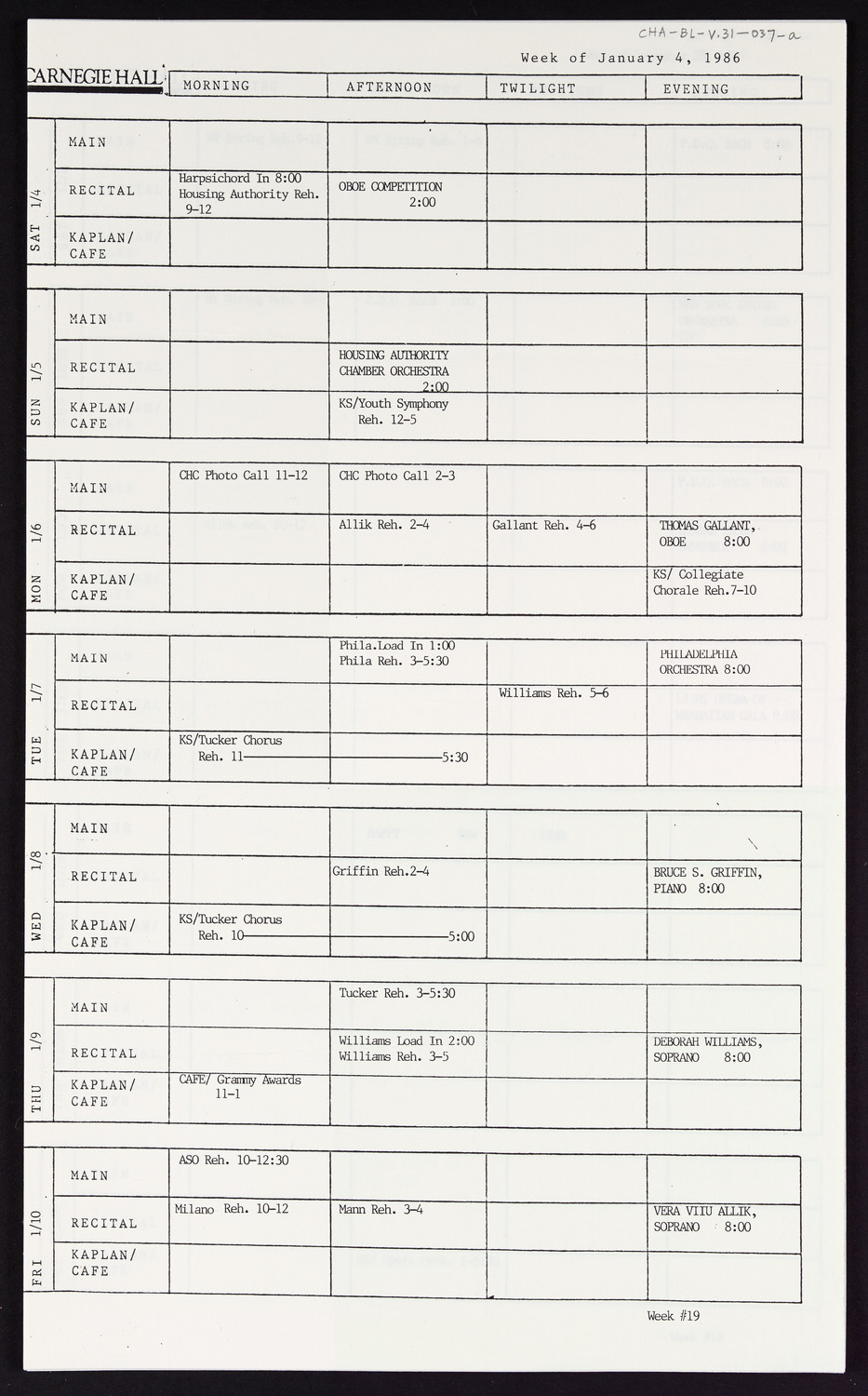 Carnegie Hall Booking Ledger, volume 31, page 37a