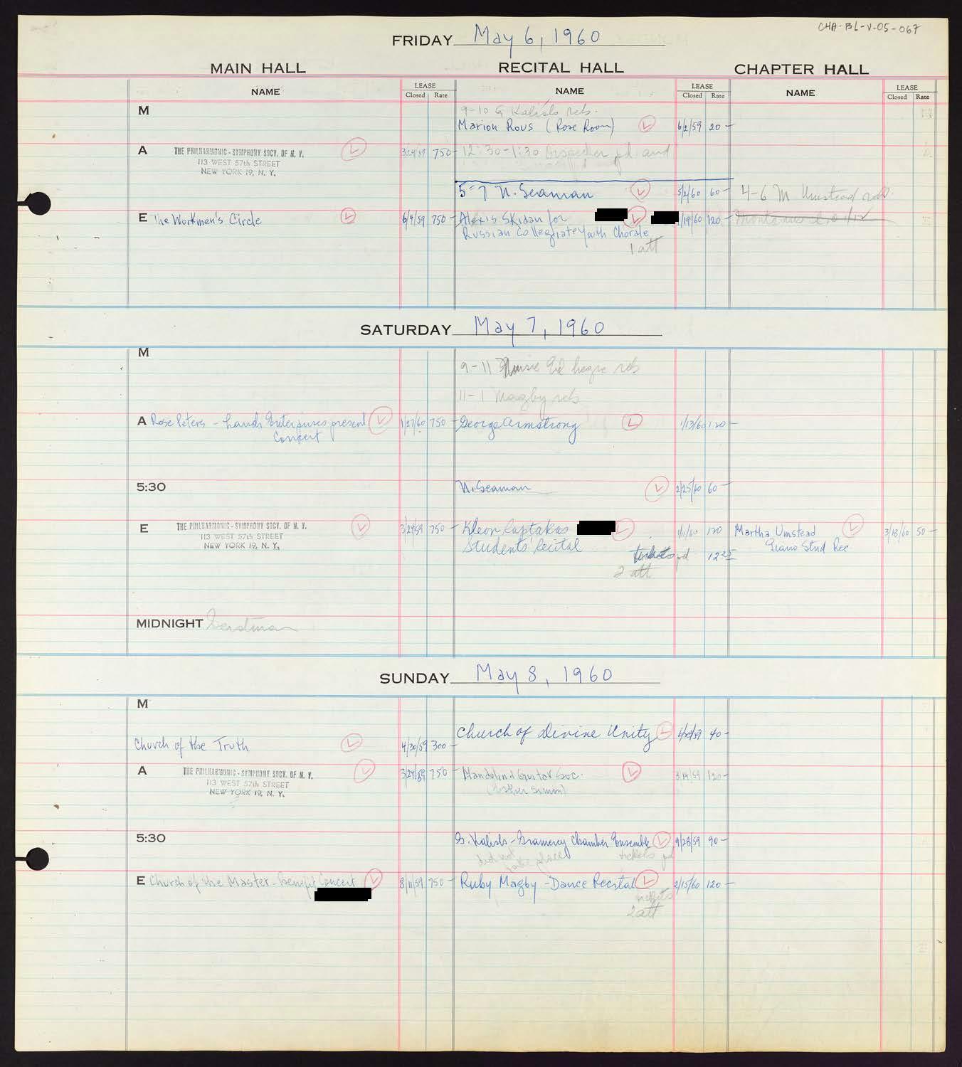 Carnegie Hall Booking Ledger, volume 5, page 67