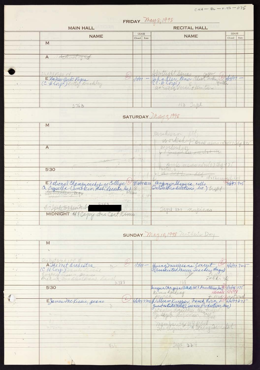 Carnegie Hall Booking Ledger, volume 43, page 75