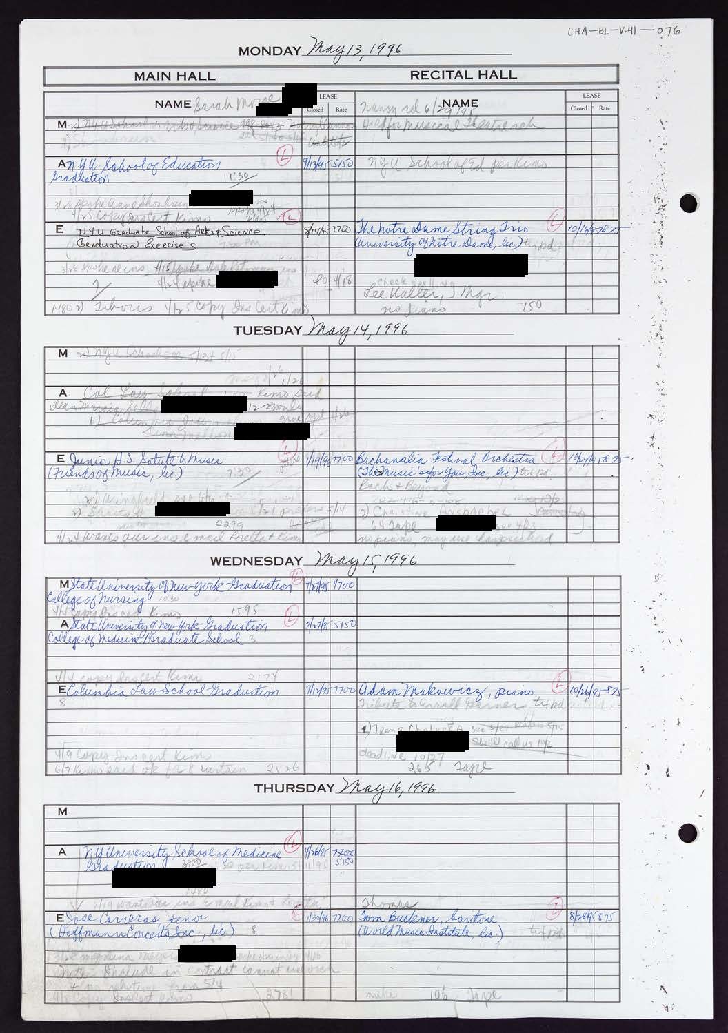 Carnegie Hall Booking Ledger, volume 41, page 76