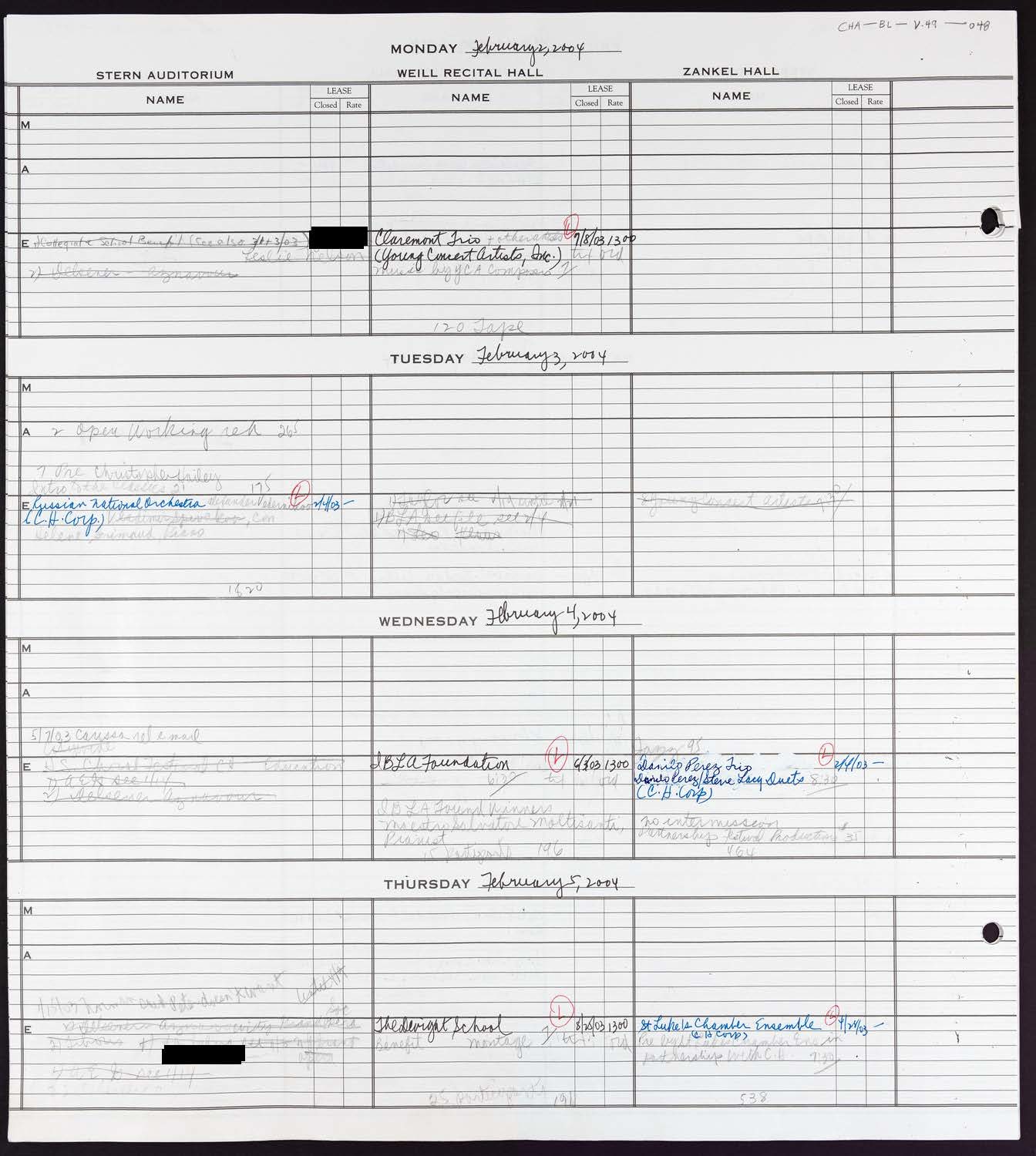 Carnegie Hall Booking Ledger, volume 49, page 48