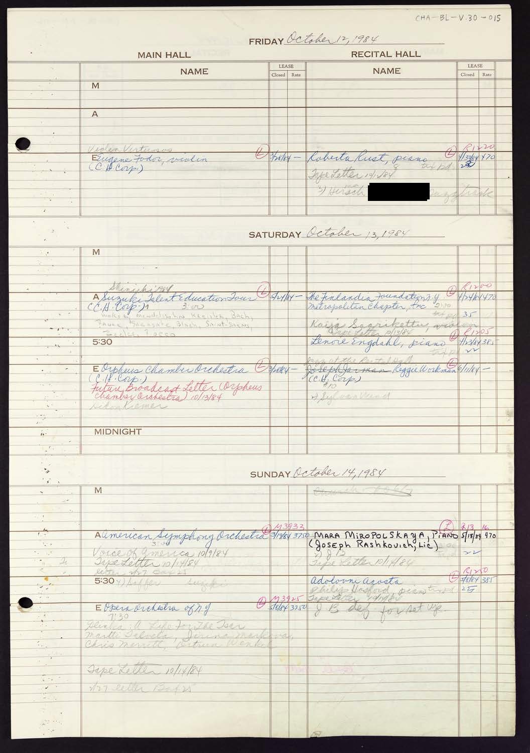 Carnegie Hall Booking Ledger, volume 30, page 15