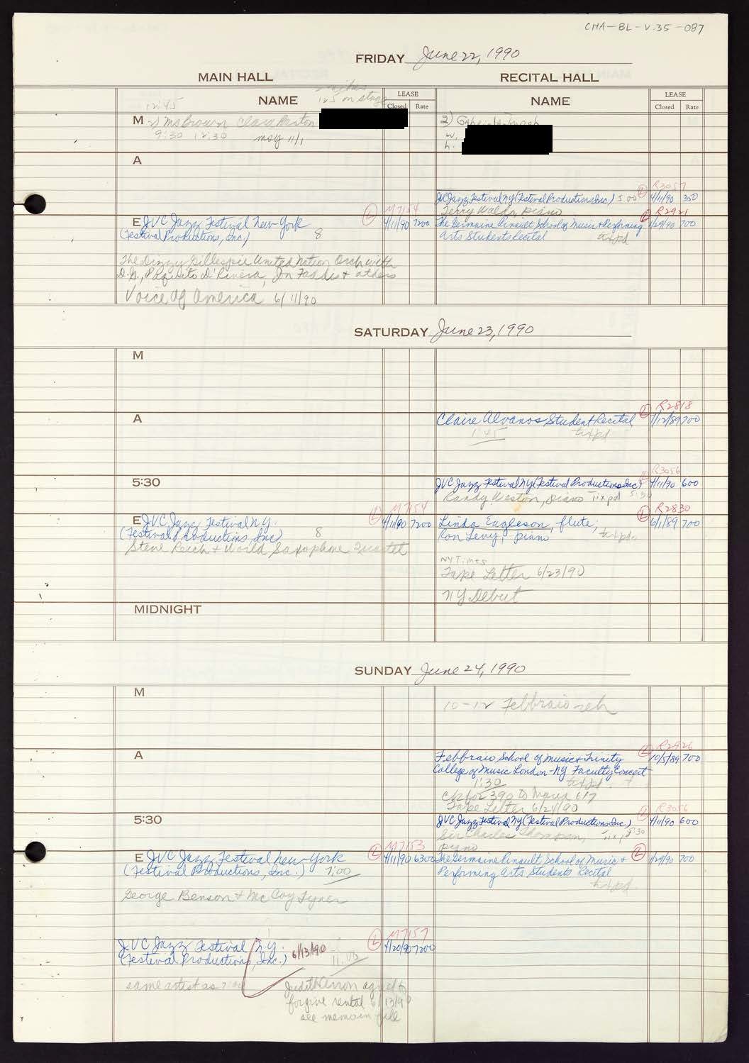 Carnegie Hall Booking Ledger, volume 35, page 87