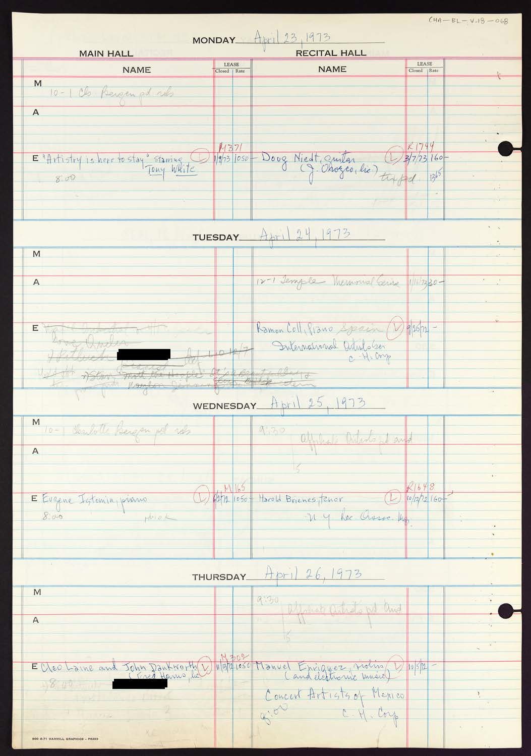 Carnegie Hall Booking Ledger, volume 18, page 68