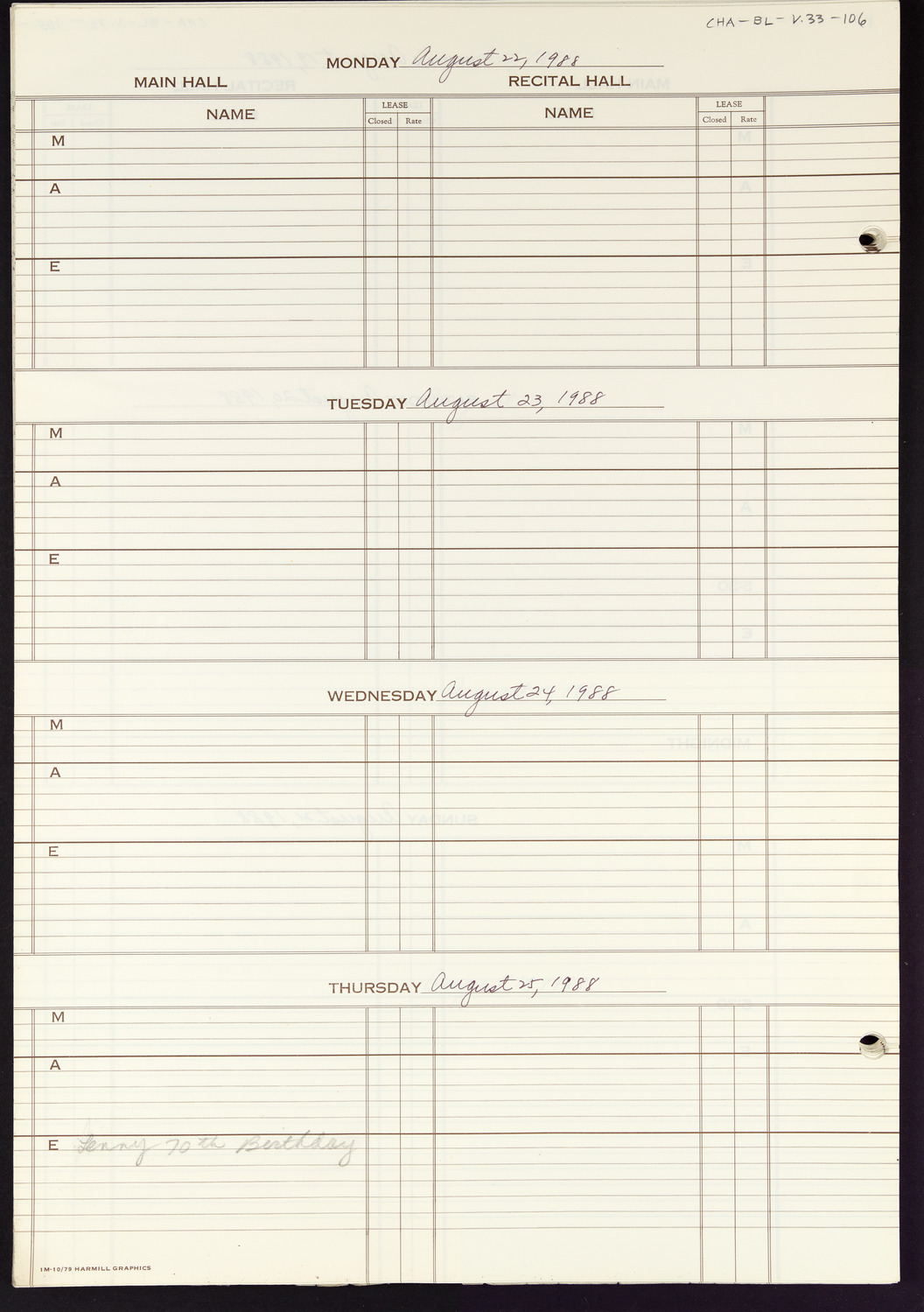 Carnegie Hall Booking Ledger, volume 33, page 106