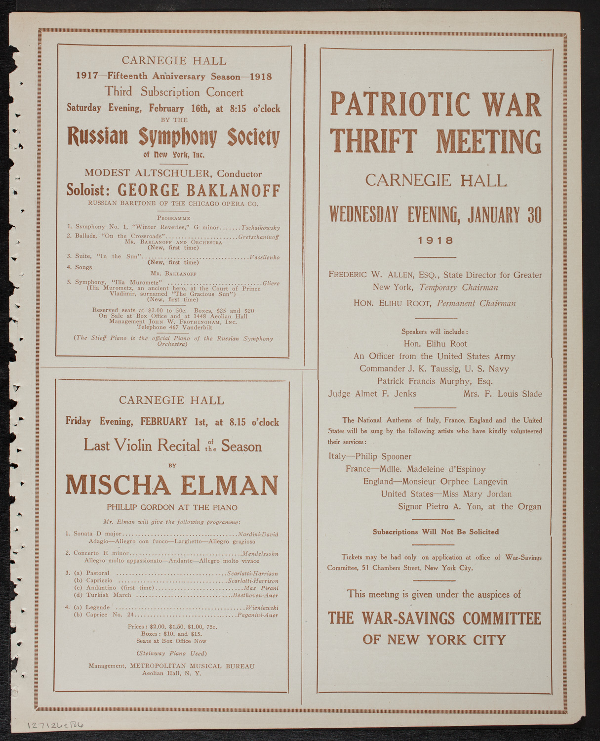 New York Philharmonic, January 26, 1918, program page 11