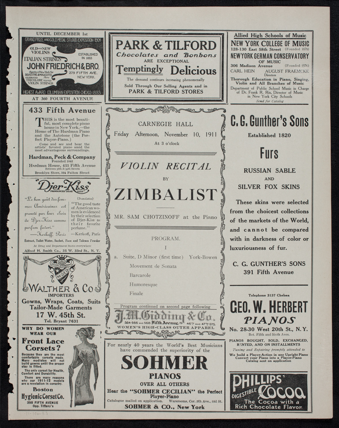 Efrem Zimbalist, Violin, November 10, 1911, program page 5