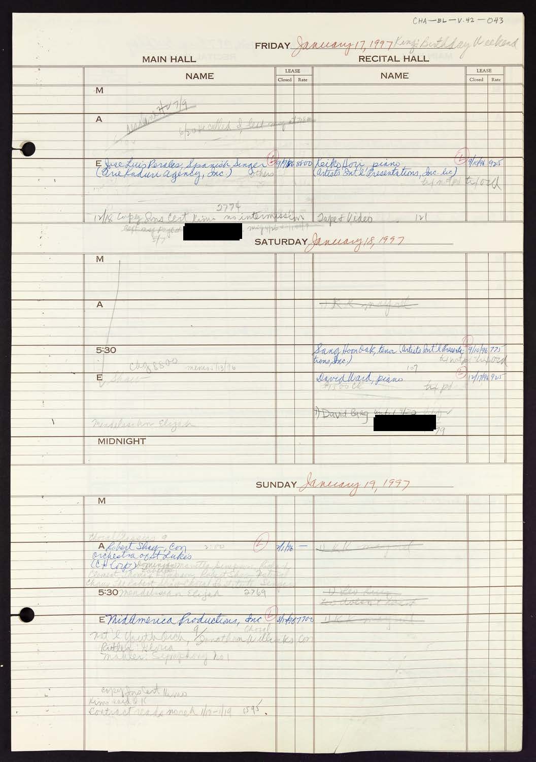 Carnegie Hall Booking Ledger, volume 42, page 43