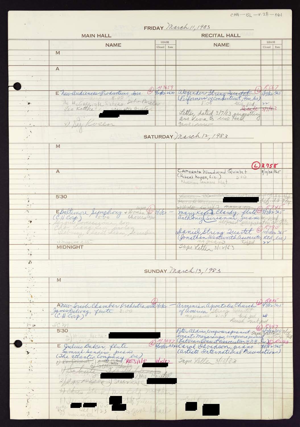 Carnegie Hall Booking Ledger, volume 28, page 61