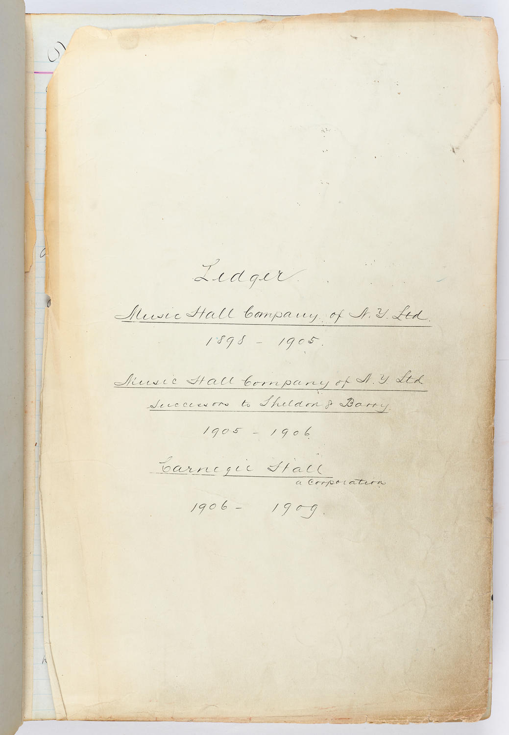 Music Hall Accounting Ledger, volume 1, title page (front)