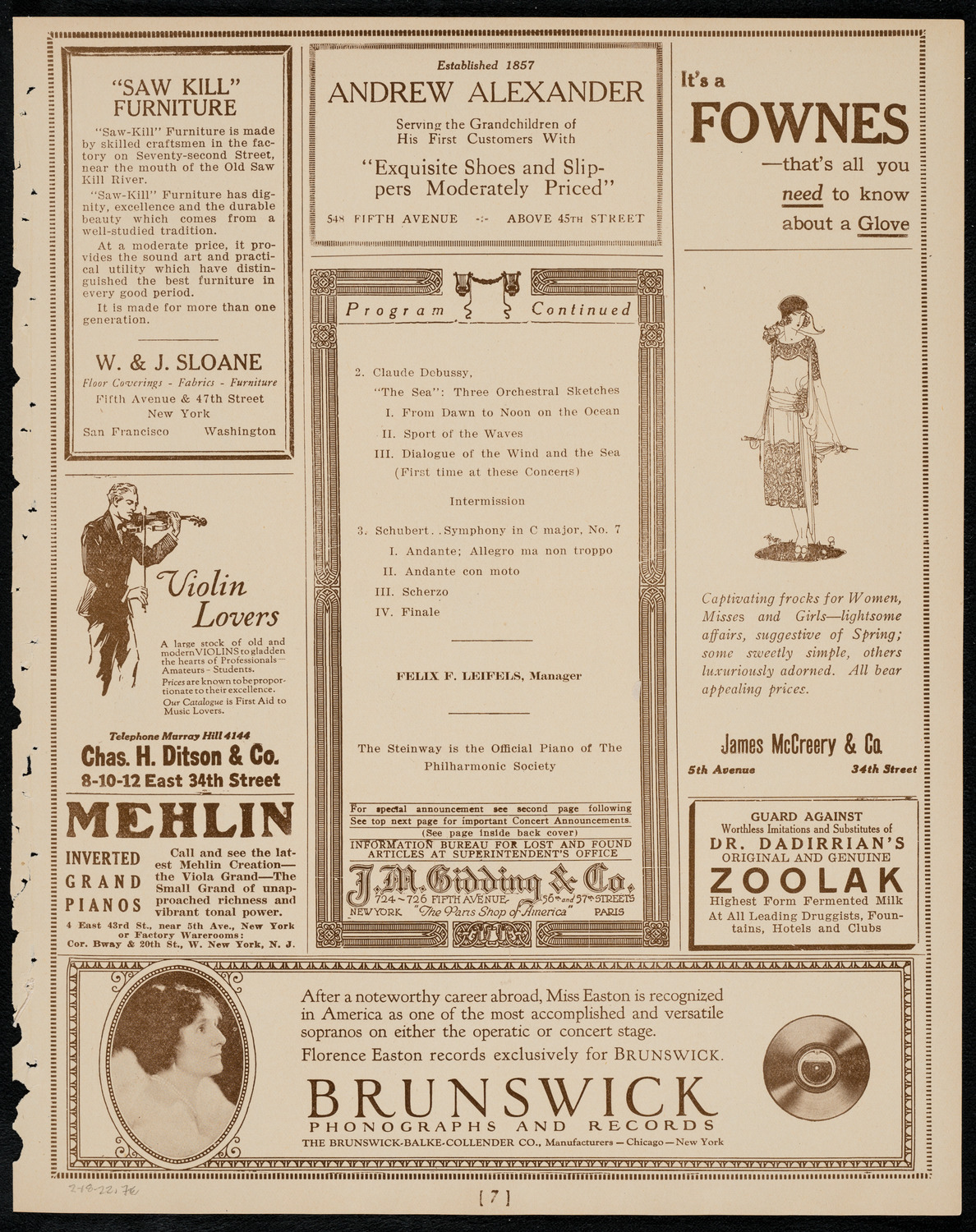 New York Philharmonic, February 18, 1922, program page 7