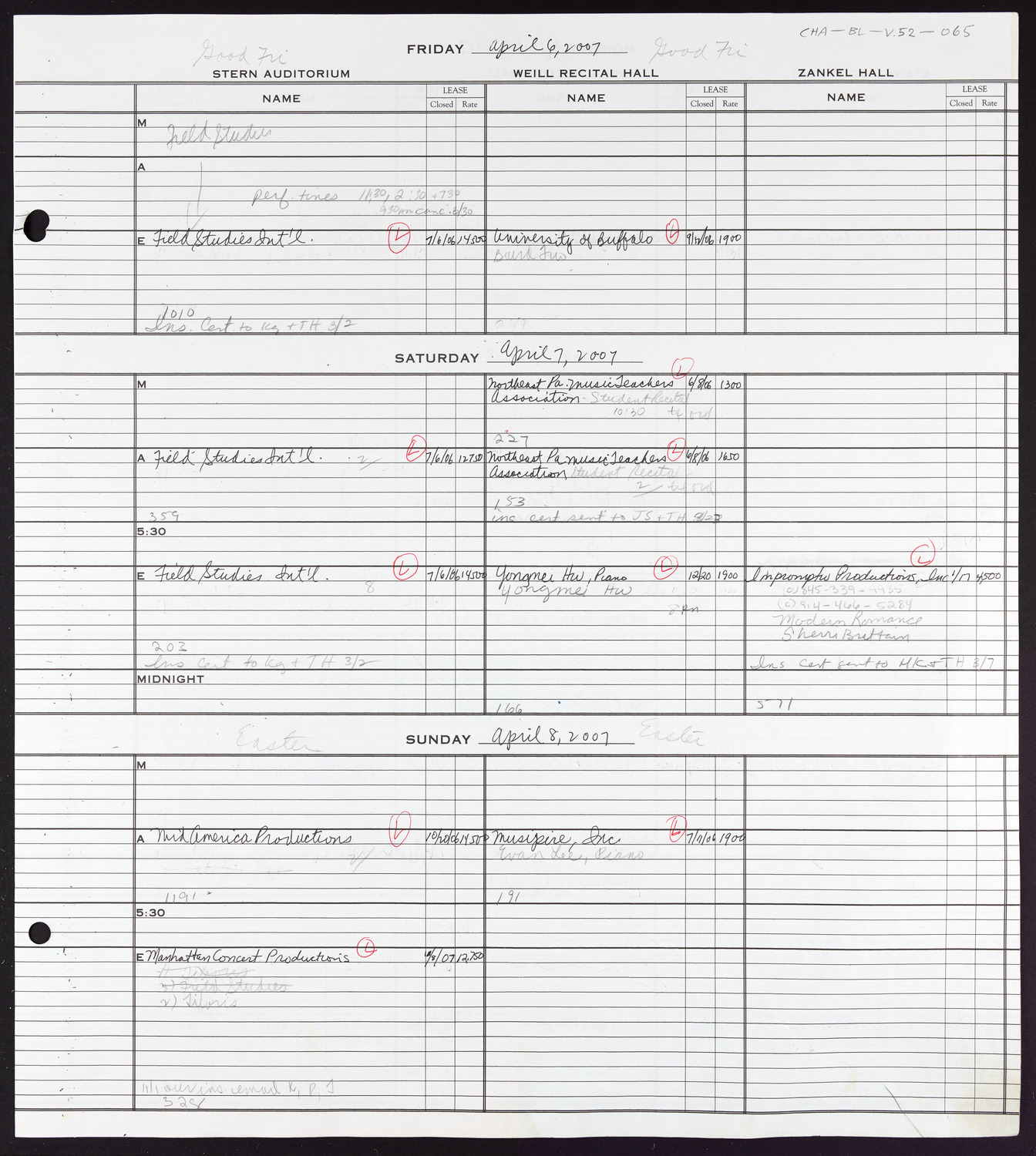 Carnegie Hall Booking Ledger, volume 52, page 65