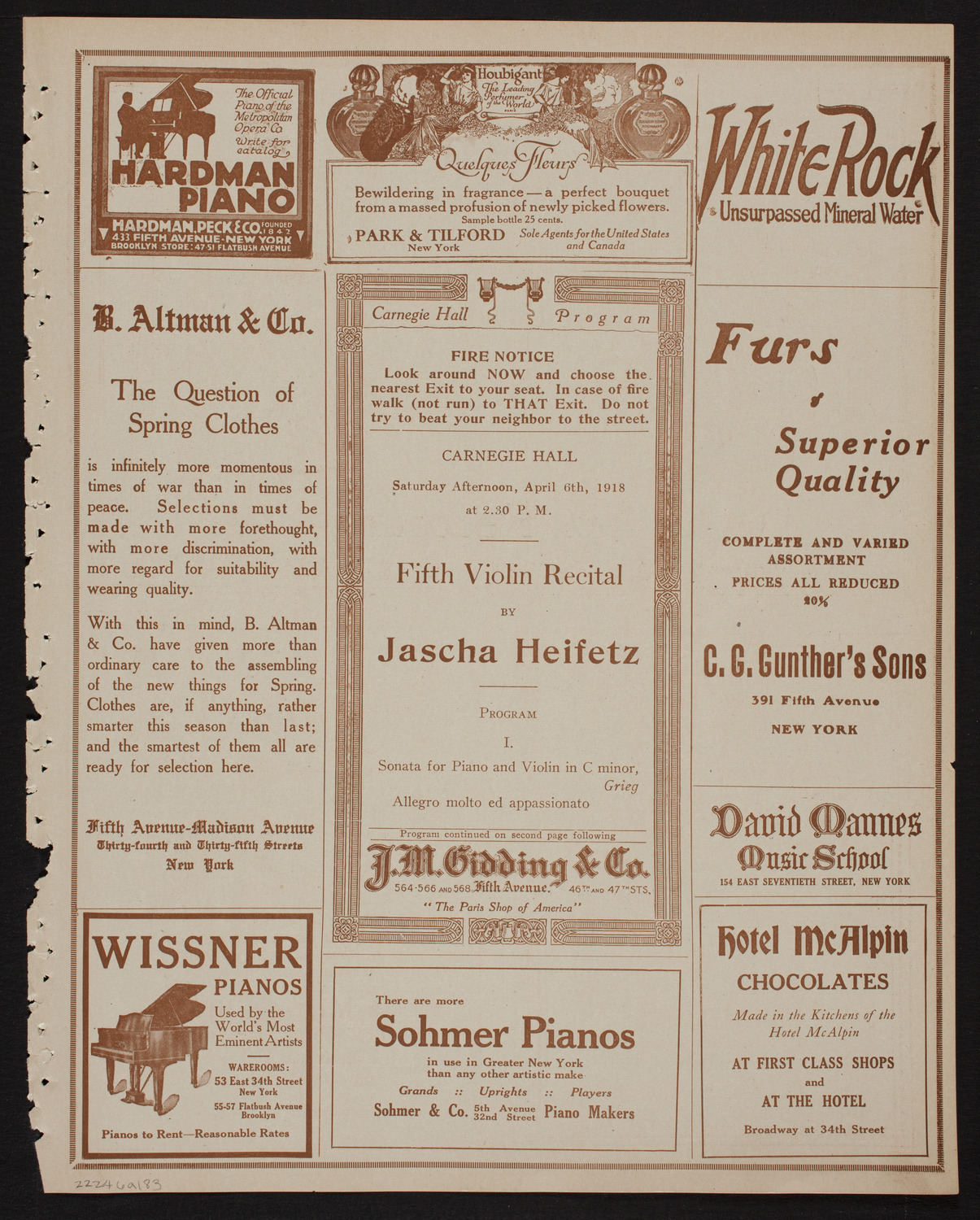 Jascha Heifetz, Violin, April 6, 1918, program page 5