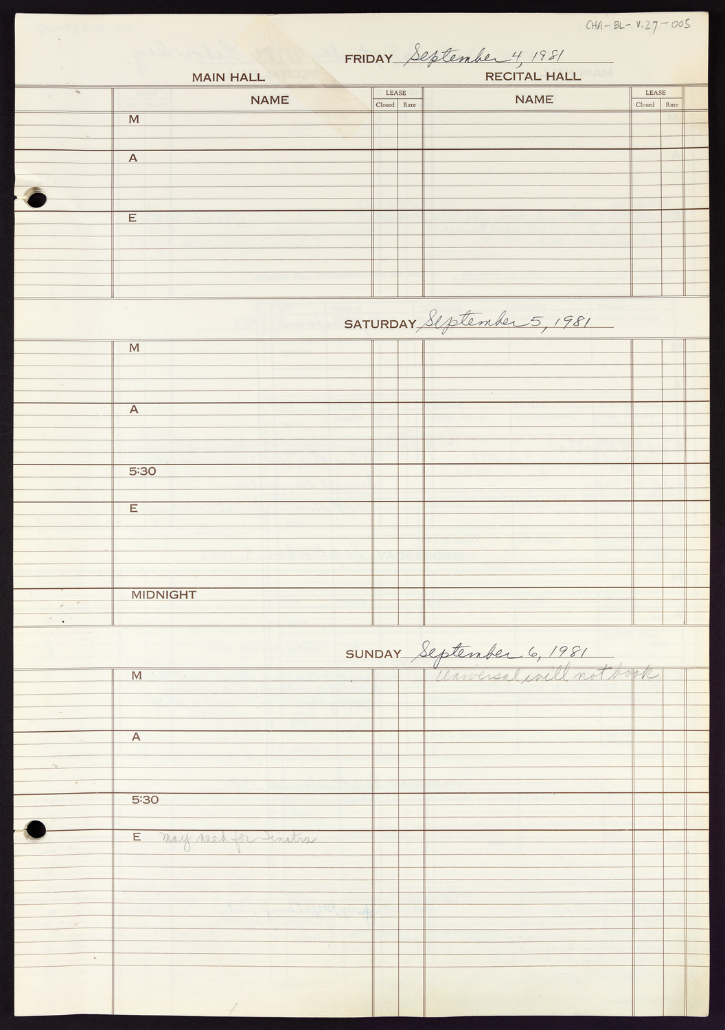 Carnegie Hall Booking Ledger, volume 27, page 5