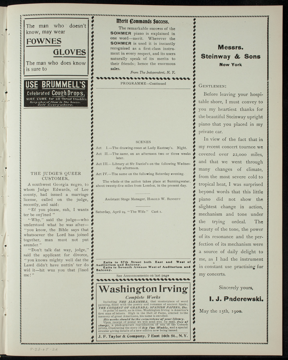 American Academy of Dramatic Arts Private Dress Rehearsal, April 28, 1905, program page 3