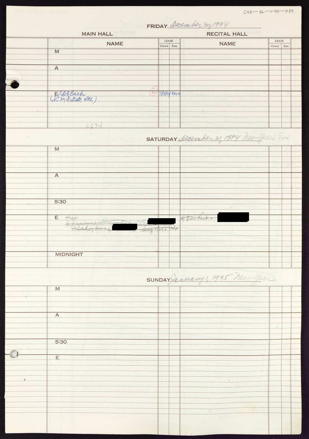 Carnegie Hall Booking Ledger, volume 40, page 39