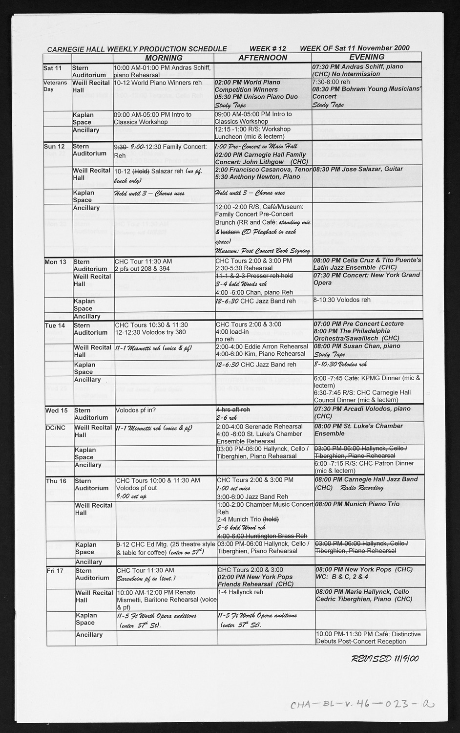 Carnegie Hall Booking Ledger, volume 46, page 23a