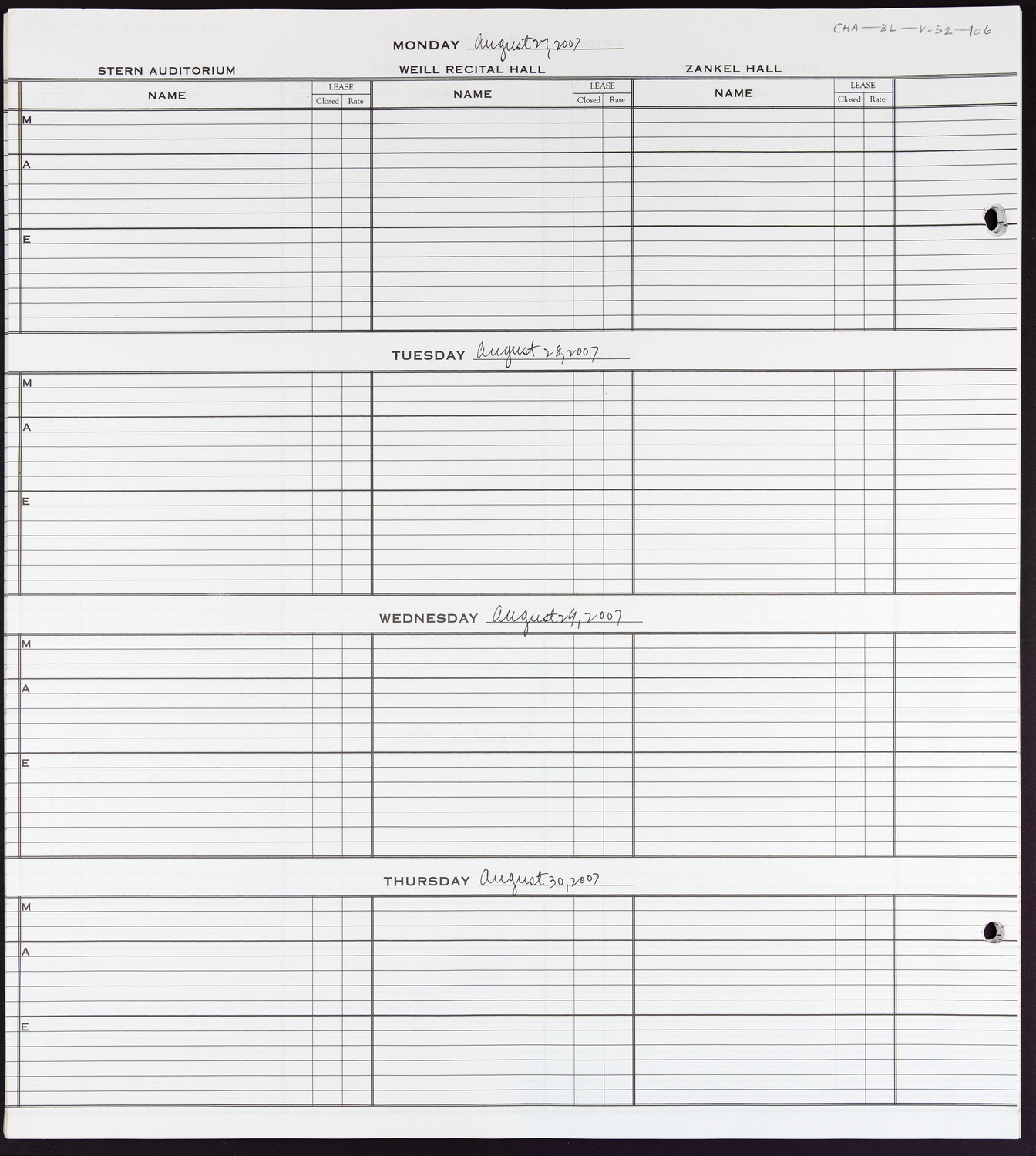 Carnegie Hall Booking Ledger, volume 52, page 106