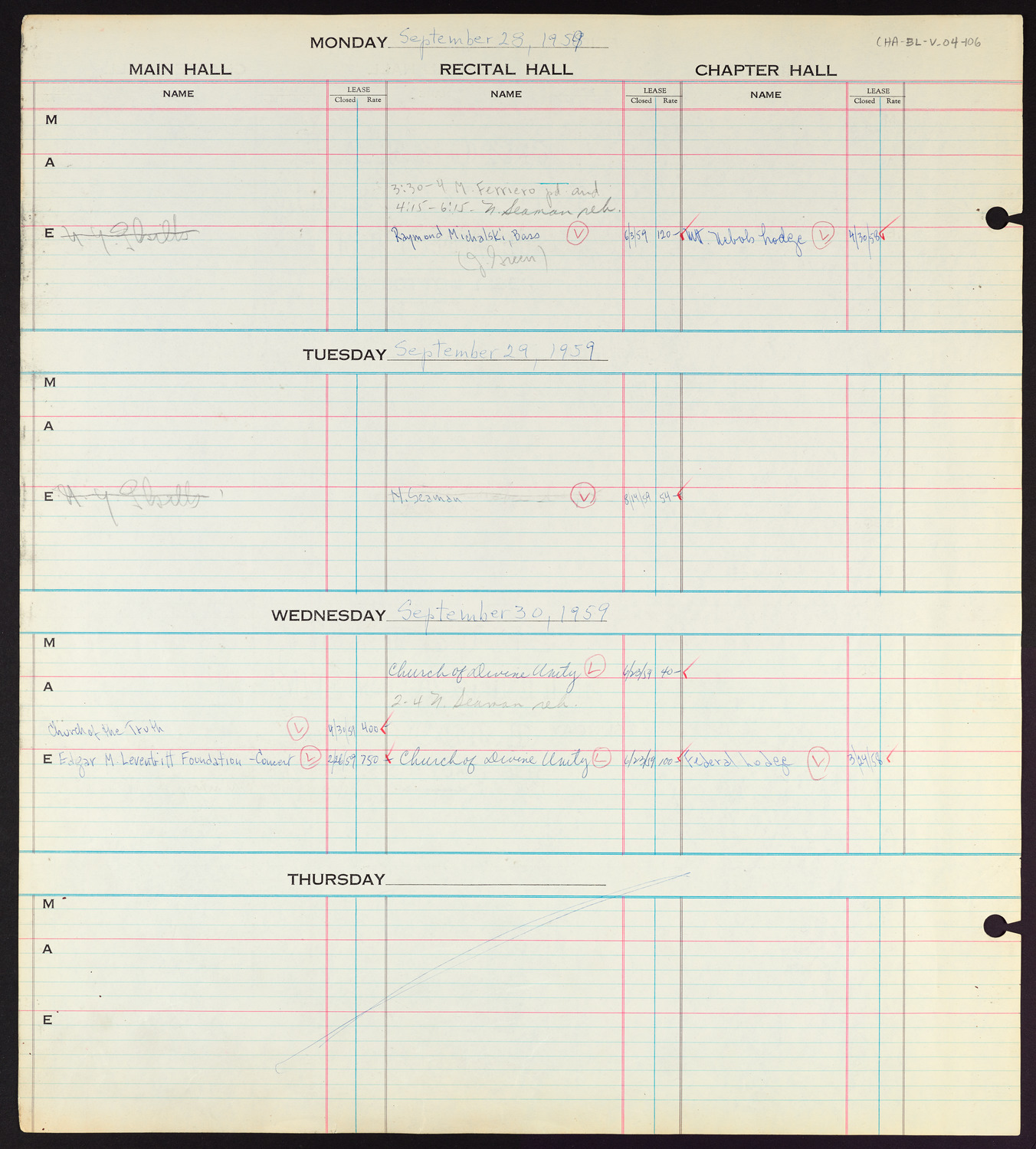 Carnegie Hall Booking Ledger, volume 4, page 106