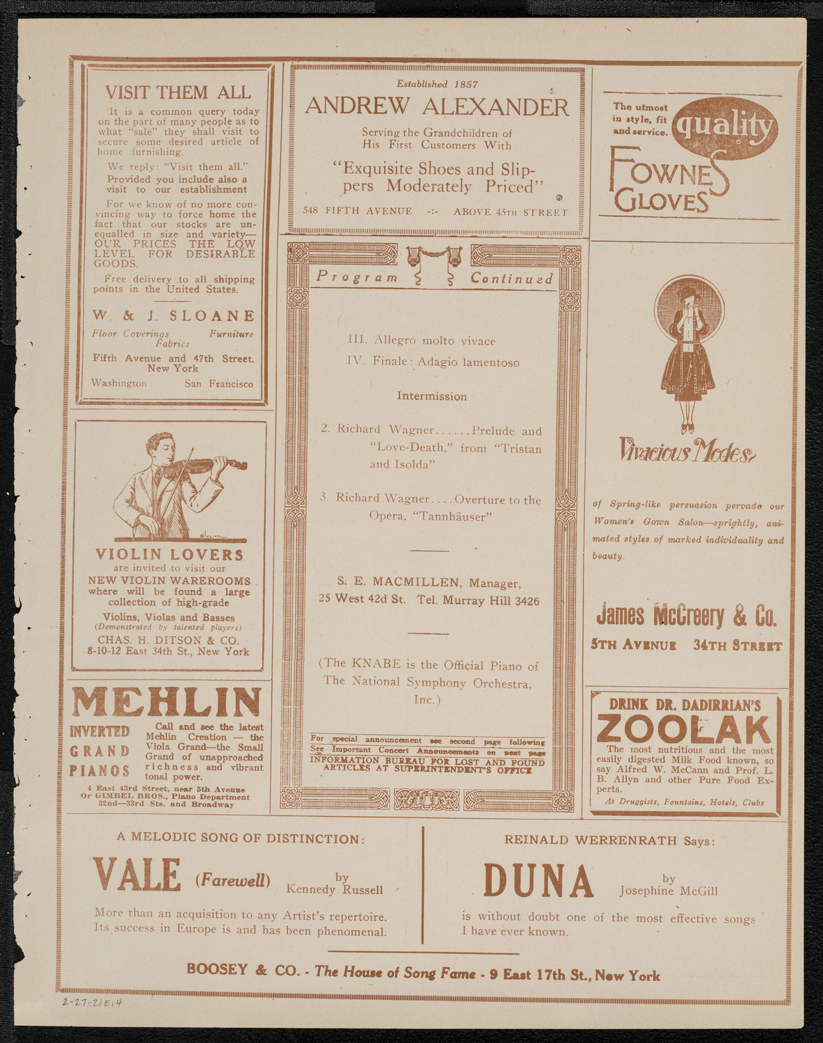 National Symphony Orchestra, February 27, 1921, program page 7