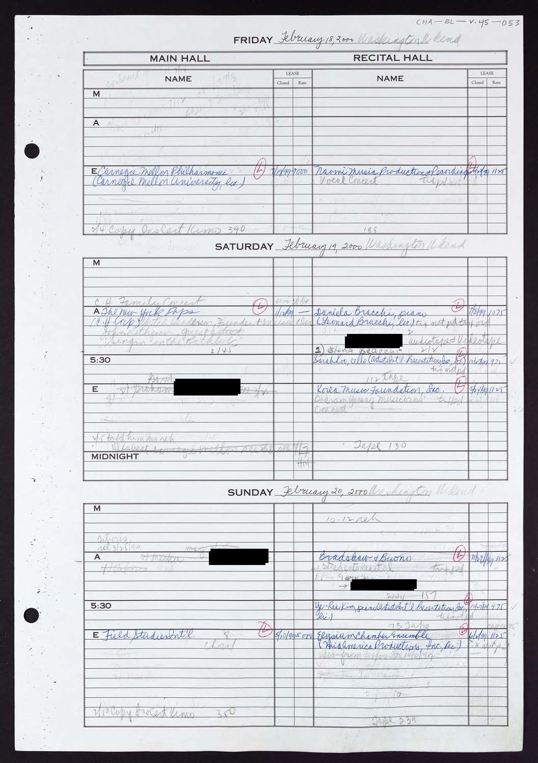 Carnegie Hall Booking Ledger, volume 45, page 53