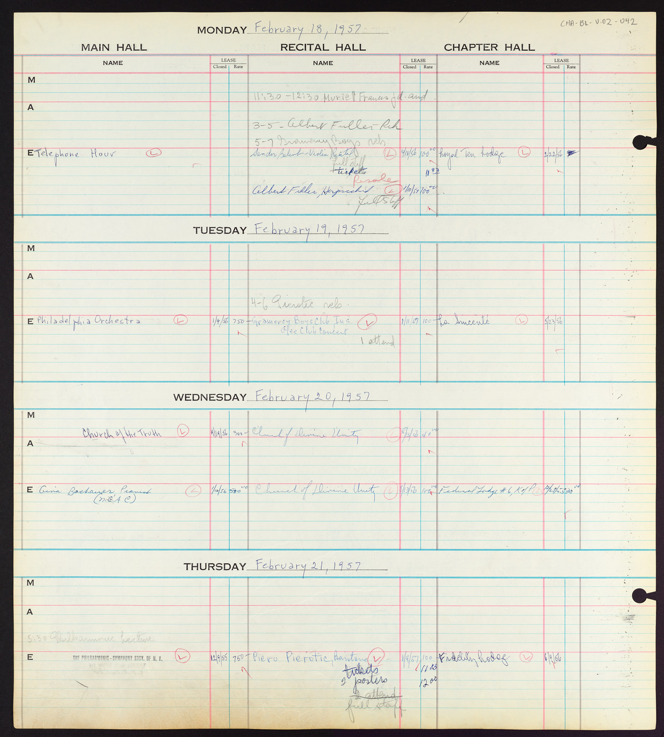 Carnegie Hall Booking Ledger, volume 2, page 42