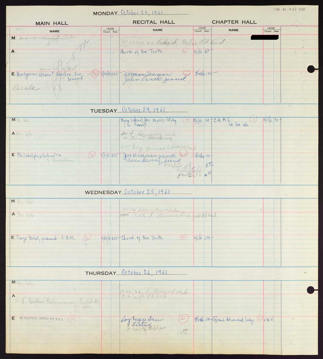 Carnegie Hall Booking Ledger, volume 7, page 20