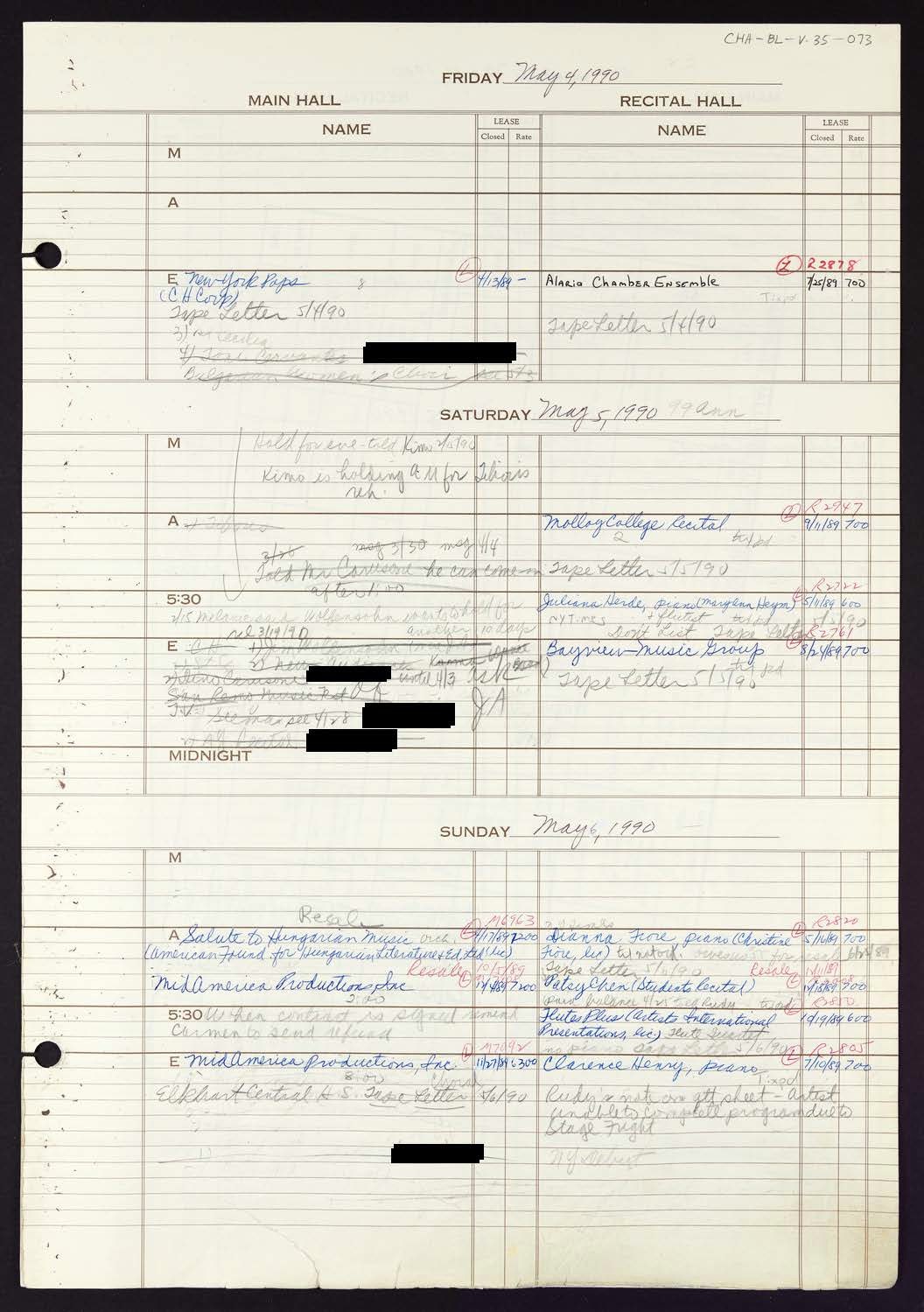 Carnegie Hall Booking Ledger, volume 35, page 73