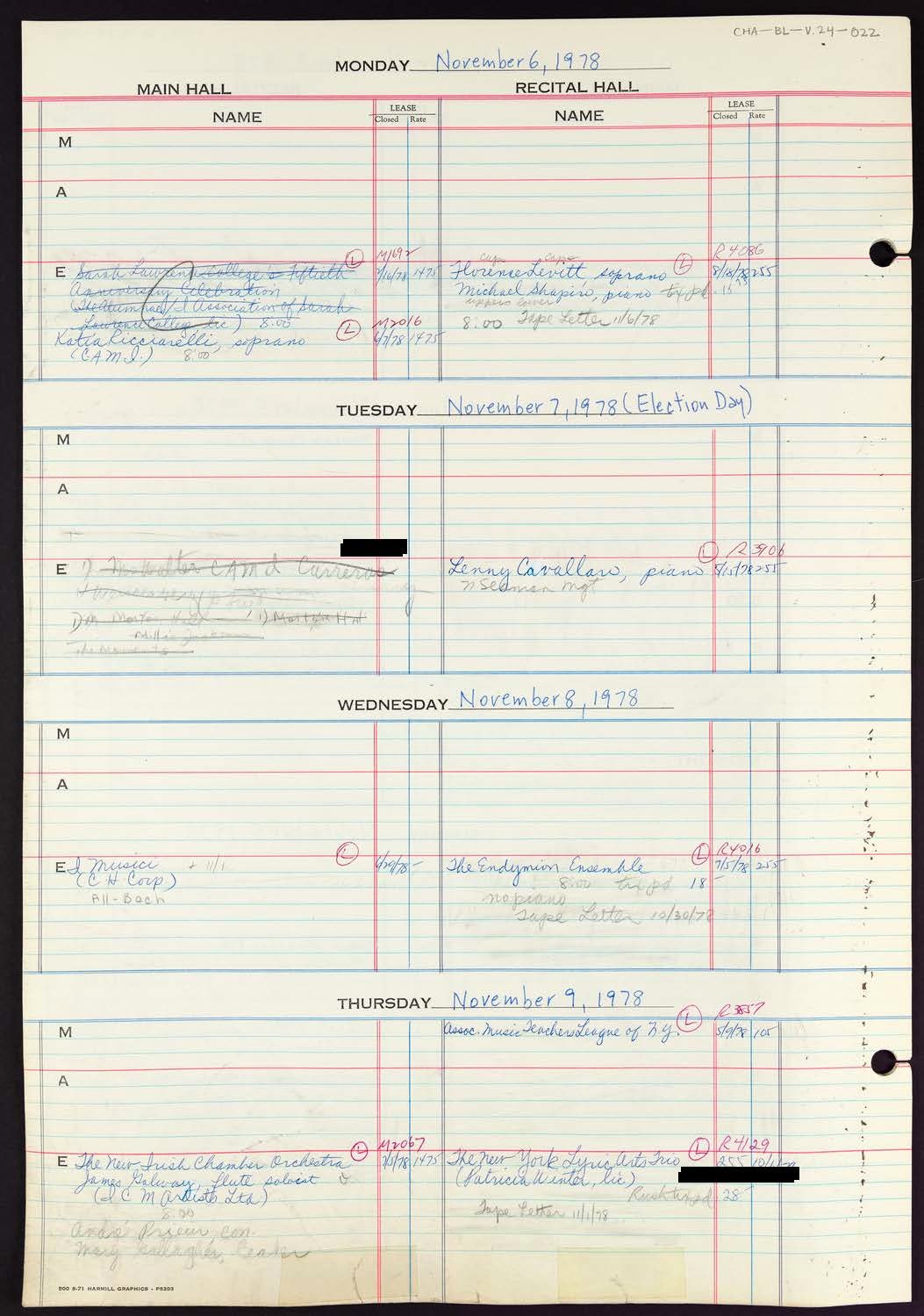 Carnegie Hall Booking Ledger, volume 24, page 22