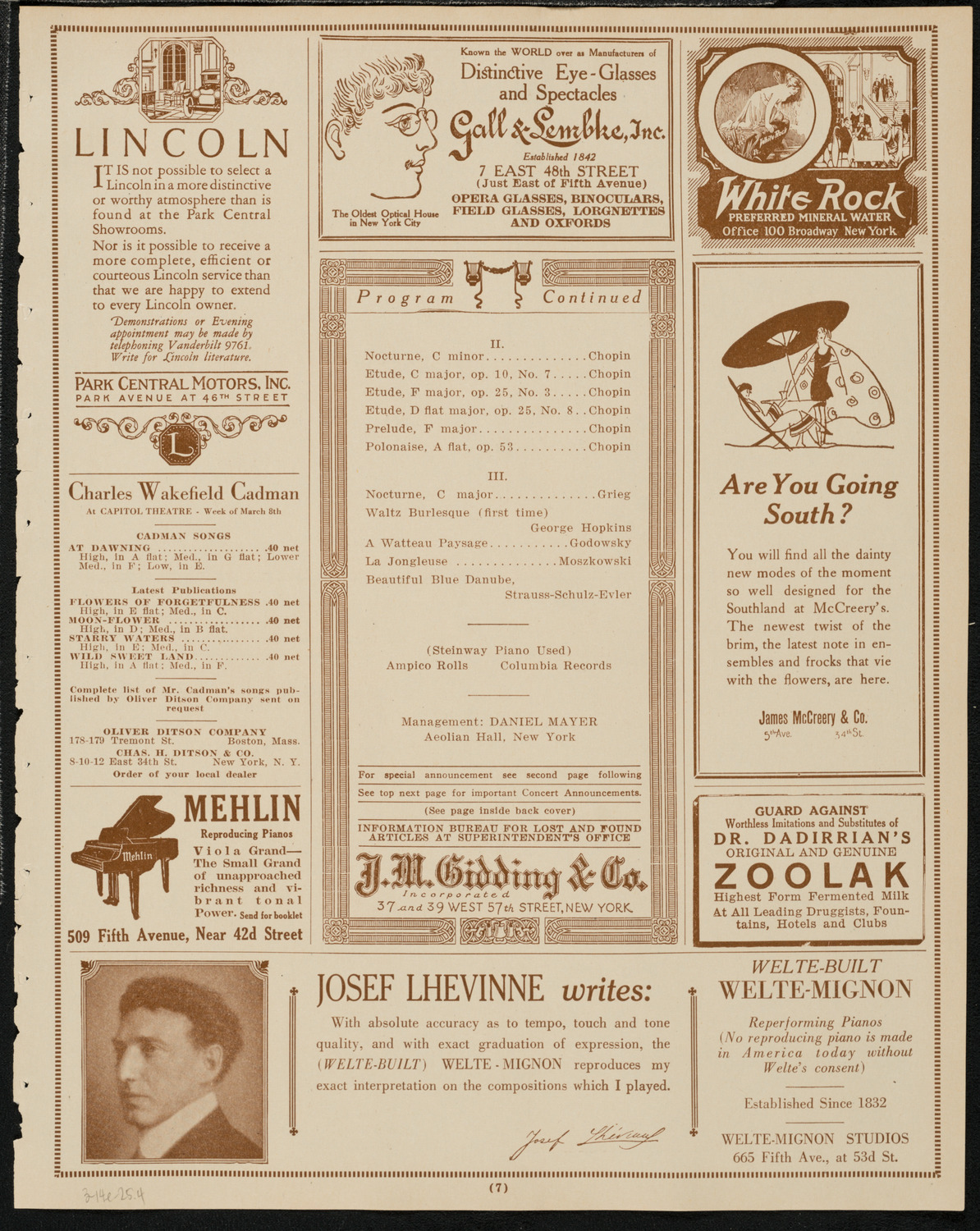 Mischa Levitzki, Piano, March 14, 1925, program page 7