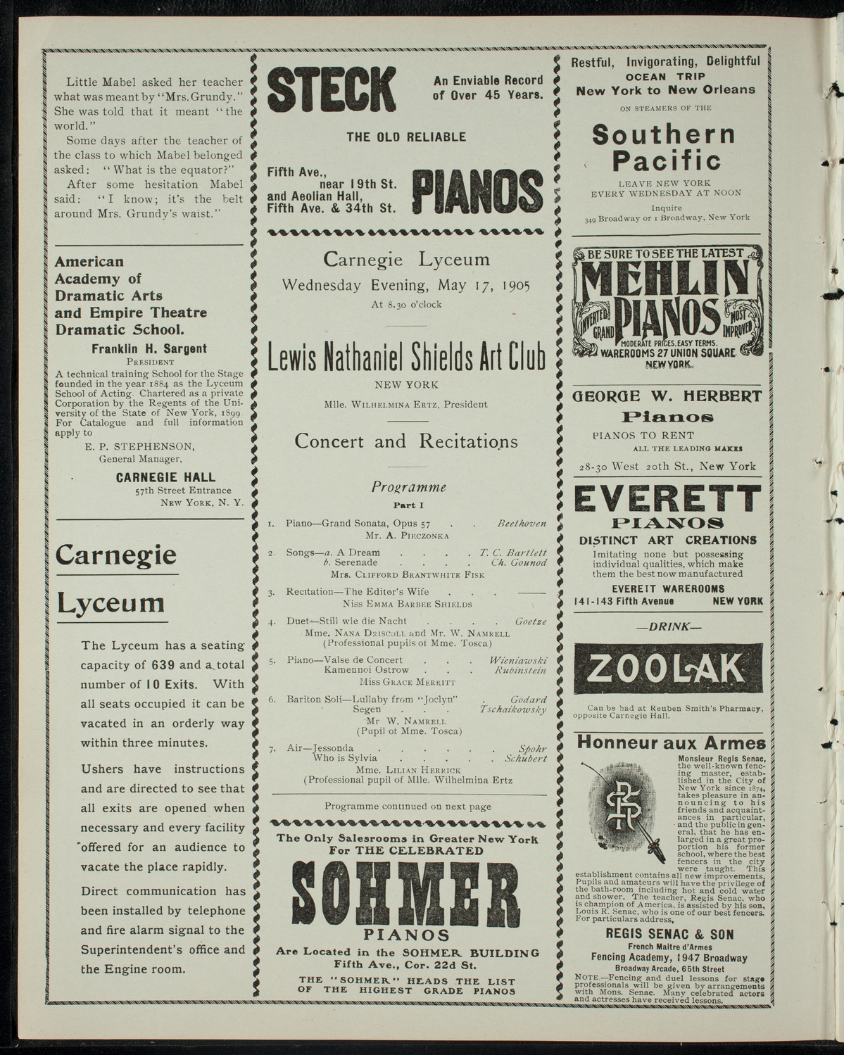 Lewis Nathaniel Shields Art Club Concert and Recitations, May 17, 1905, program page 2